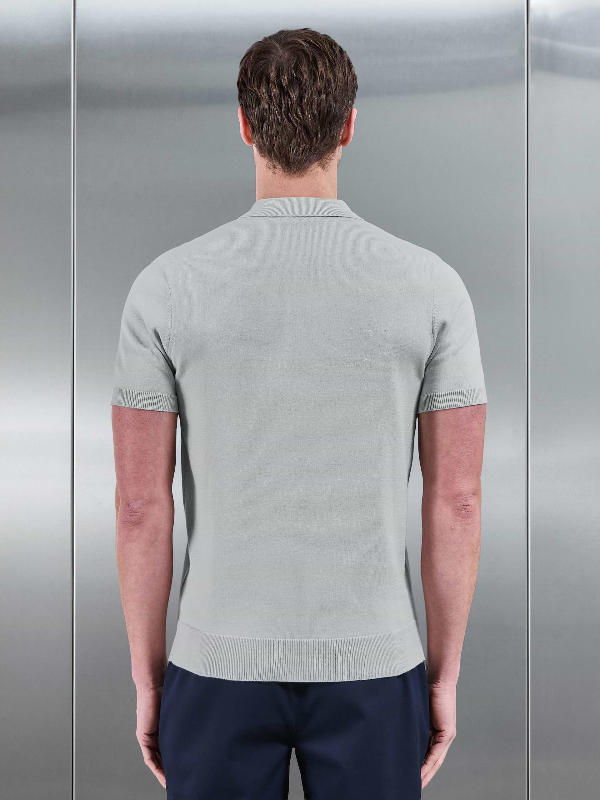 Cotton Knitted Zip Polo Shirt in Mid Grey