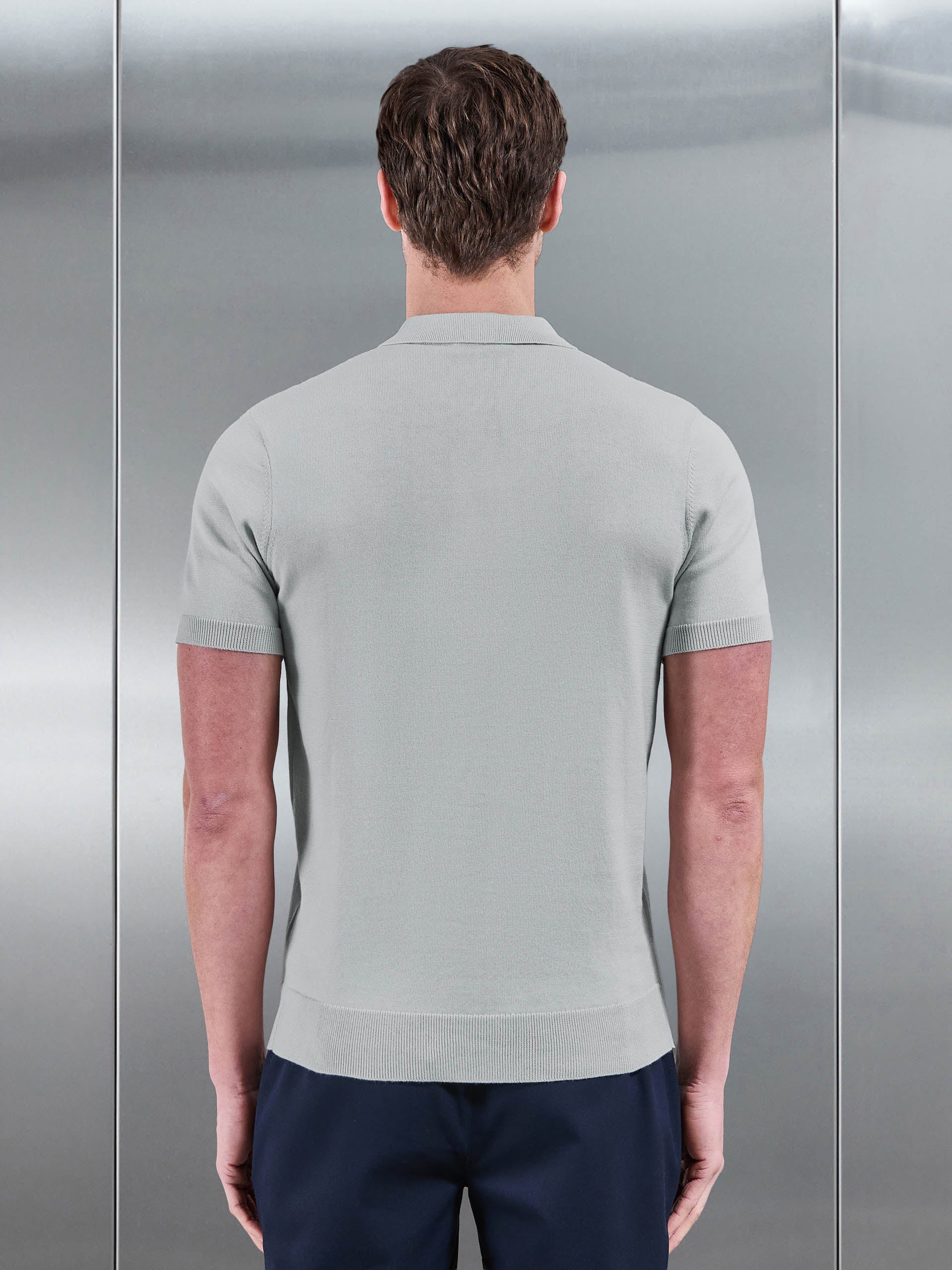 Cotton Knitted Zip Polo Shirt in Mid Grey