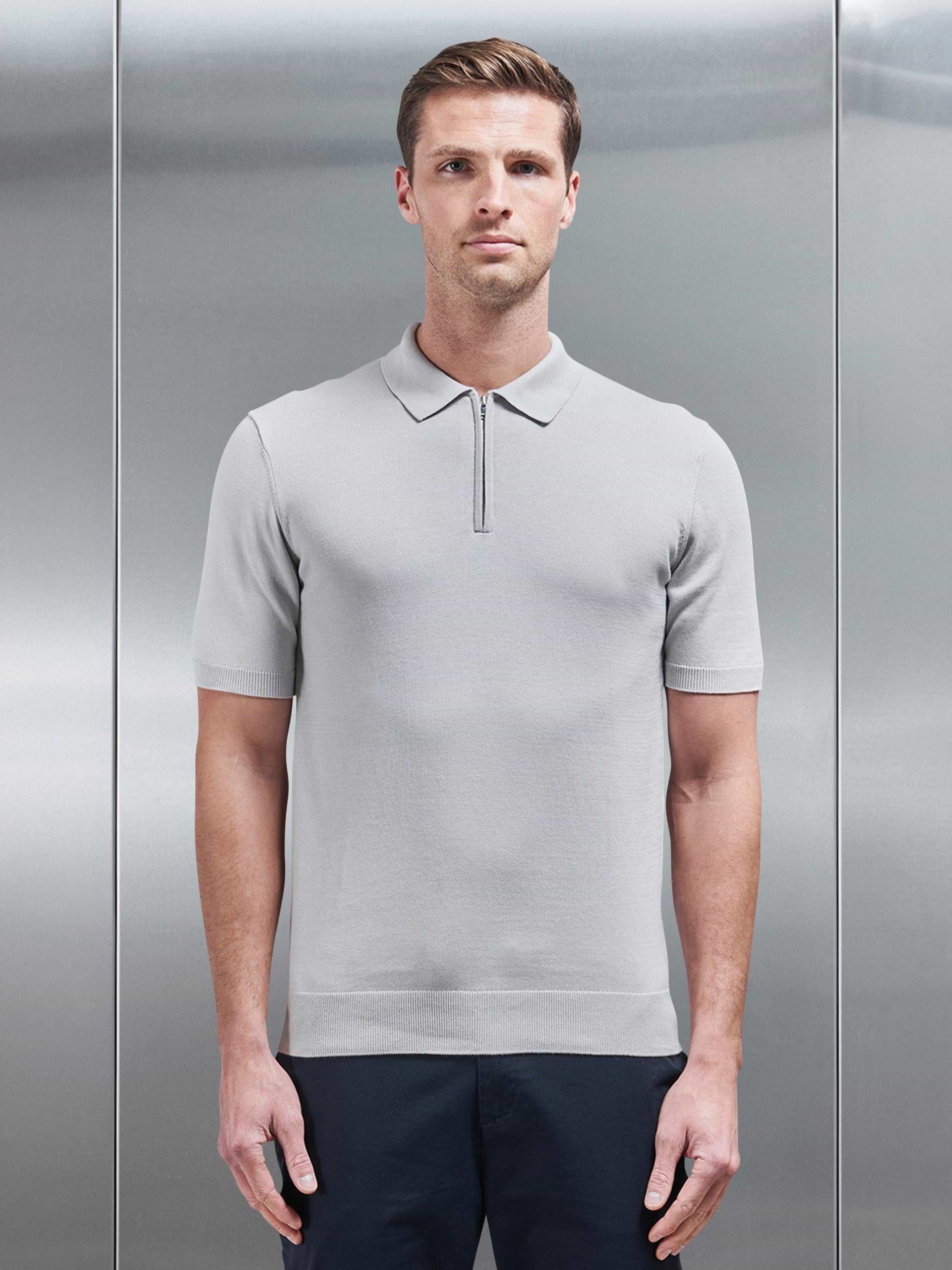 Knitted Zip Polo Shirt in Mid Grey