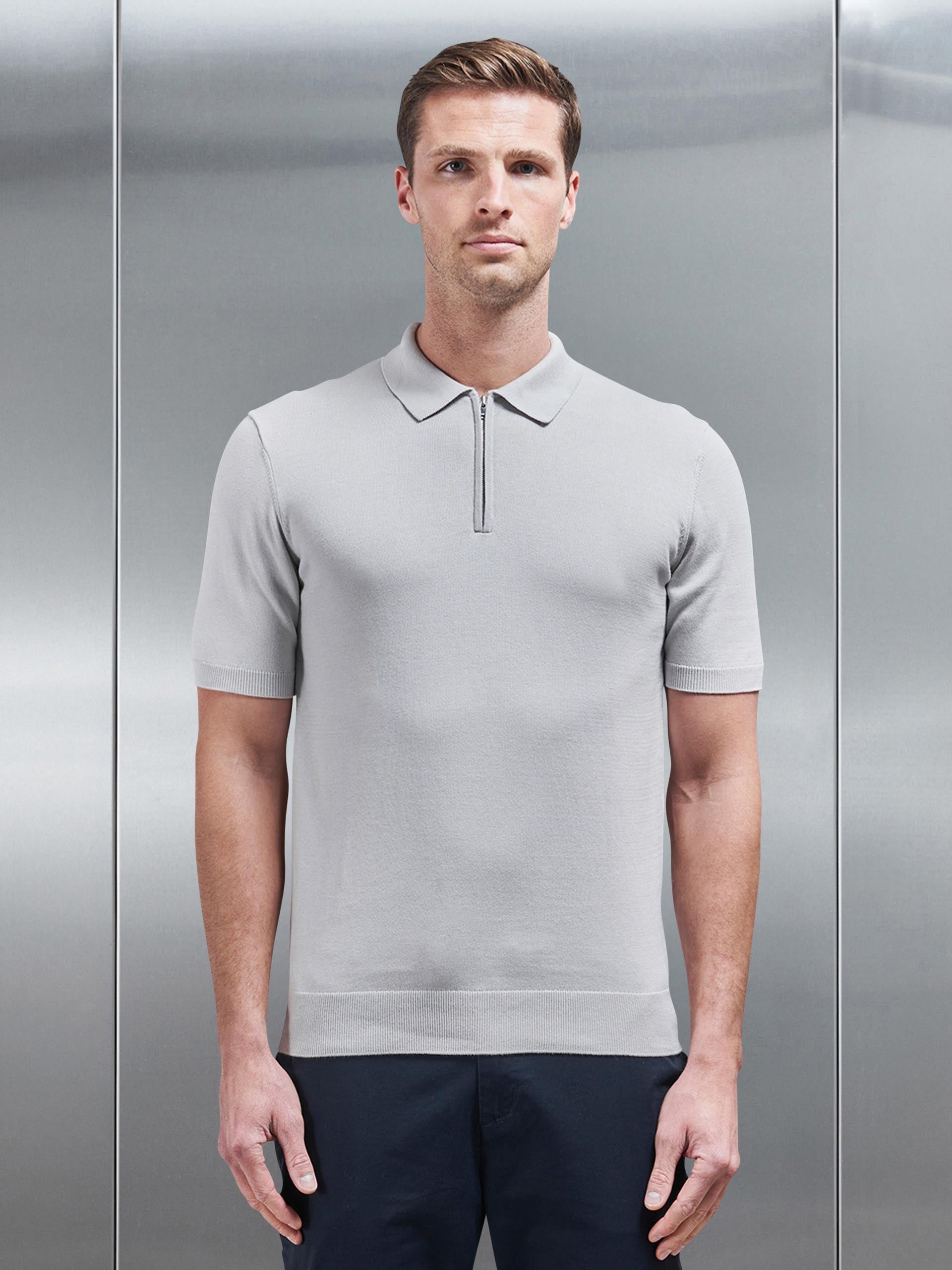 Knitted Zip Polo Shirt in Mid Grey