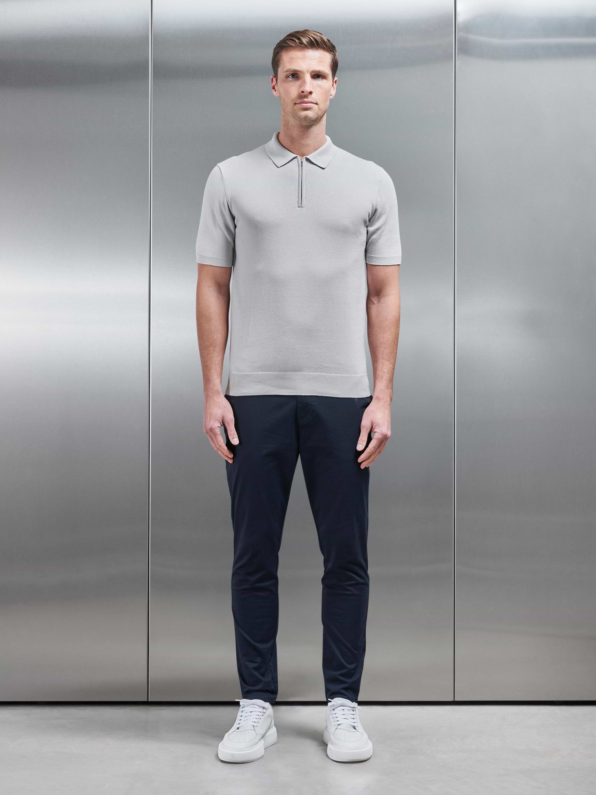 Knitted Zip Polo Shirt in Mid Grey