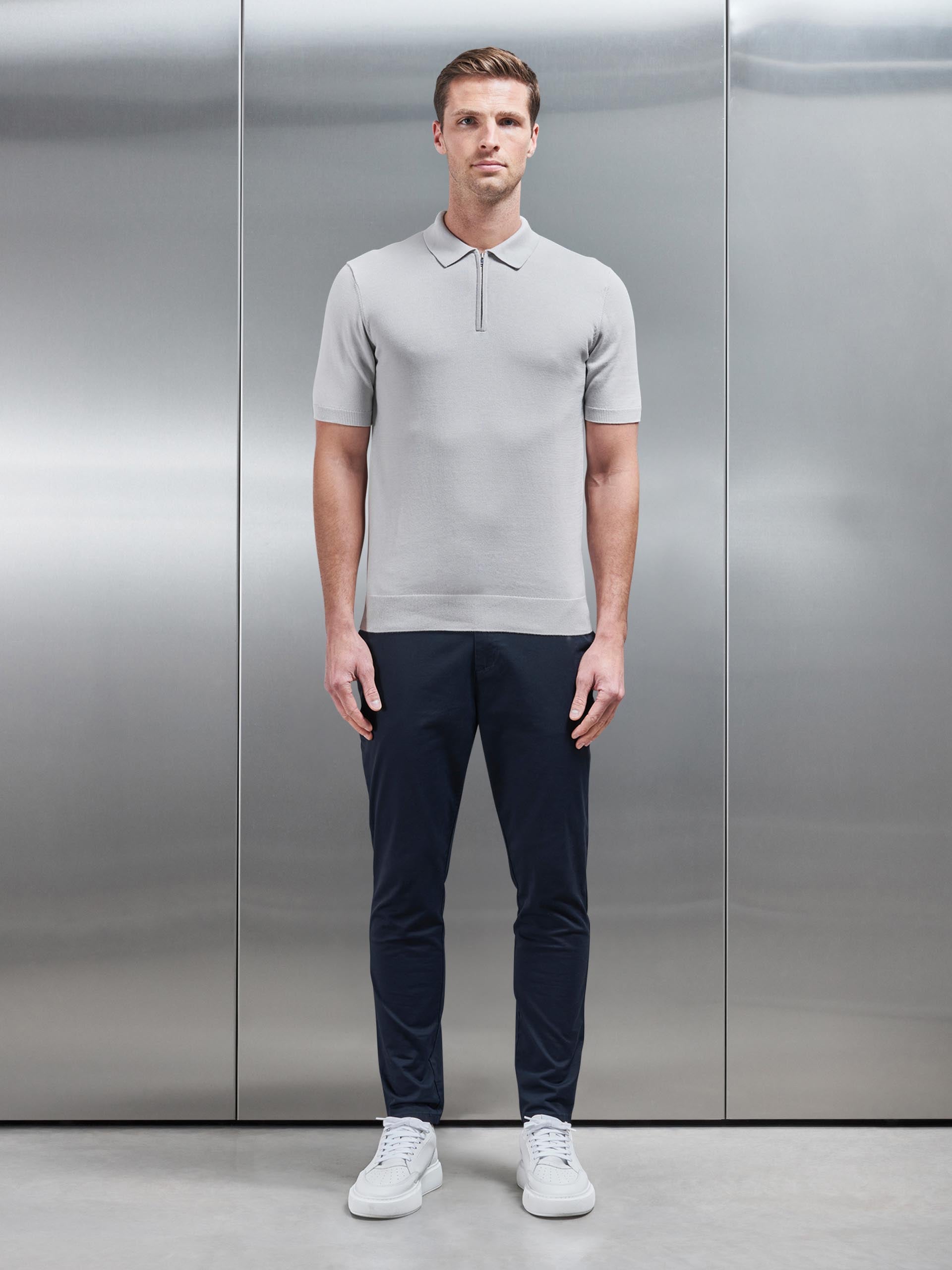 Knitted Zip Polo Shirt in Mid Grey