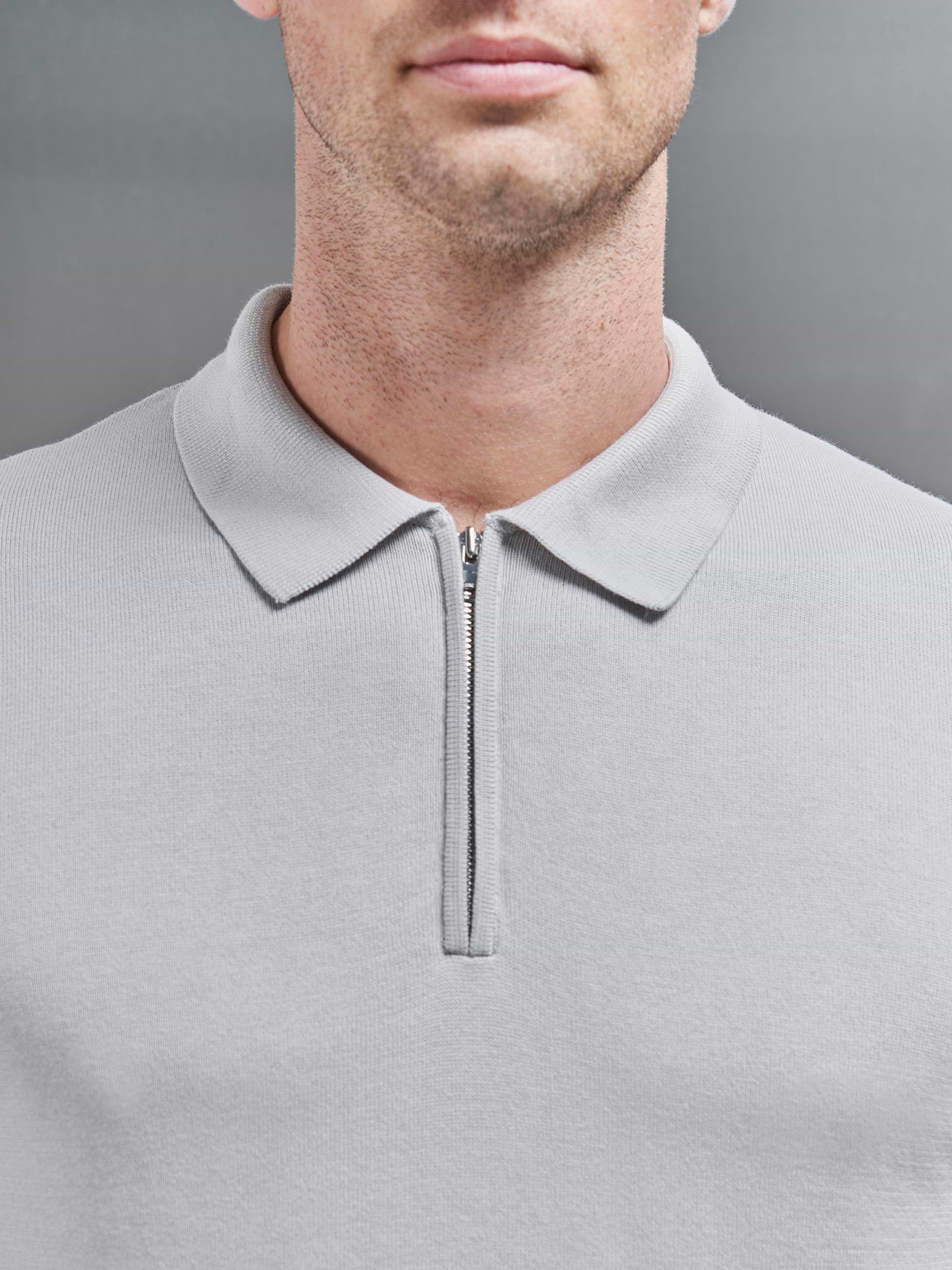 Knitted Zip Polo Shirt in Mid Grey