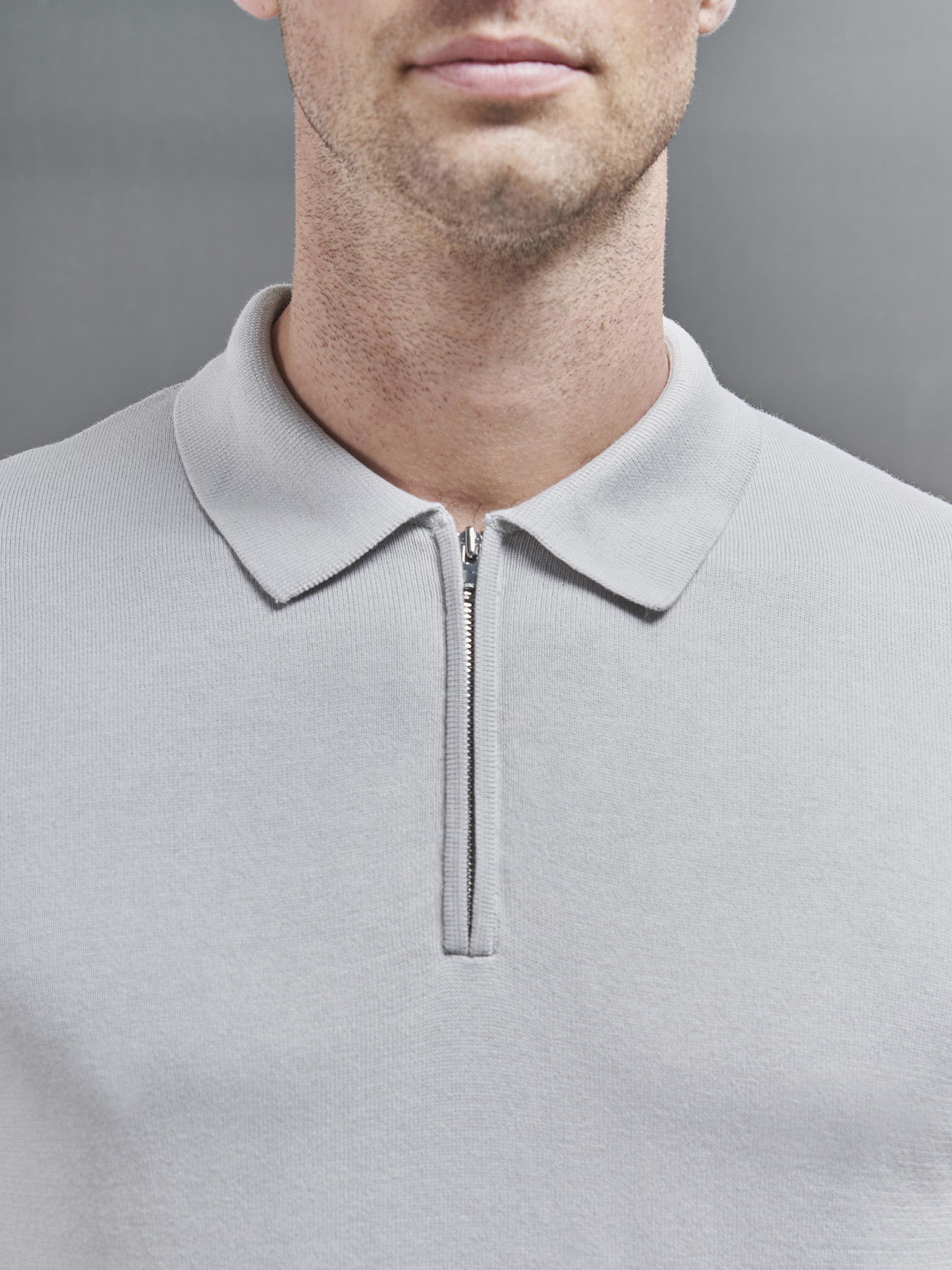 Knitted Zip Polo Shirt in Mid Grey