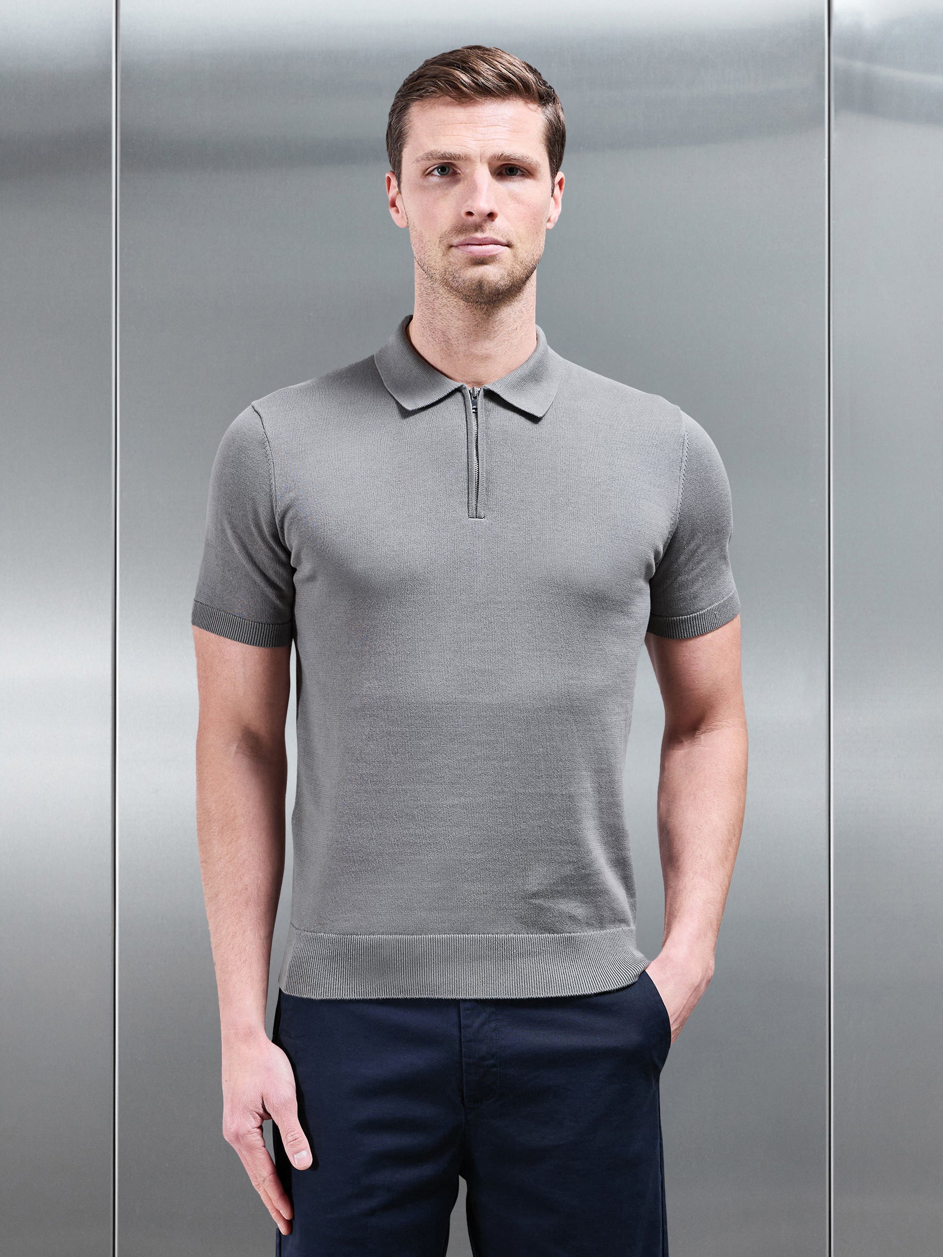 Cotton Knitted Zip Polo Shirt in Sage