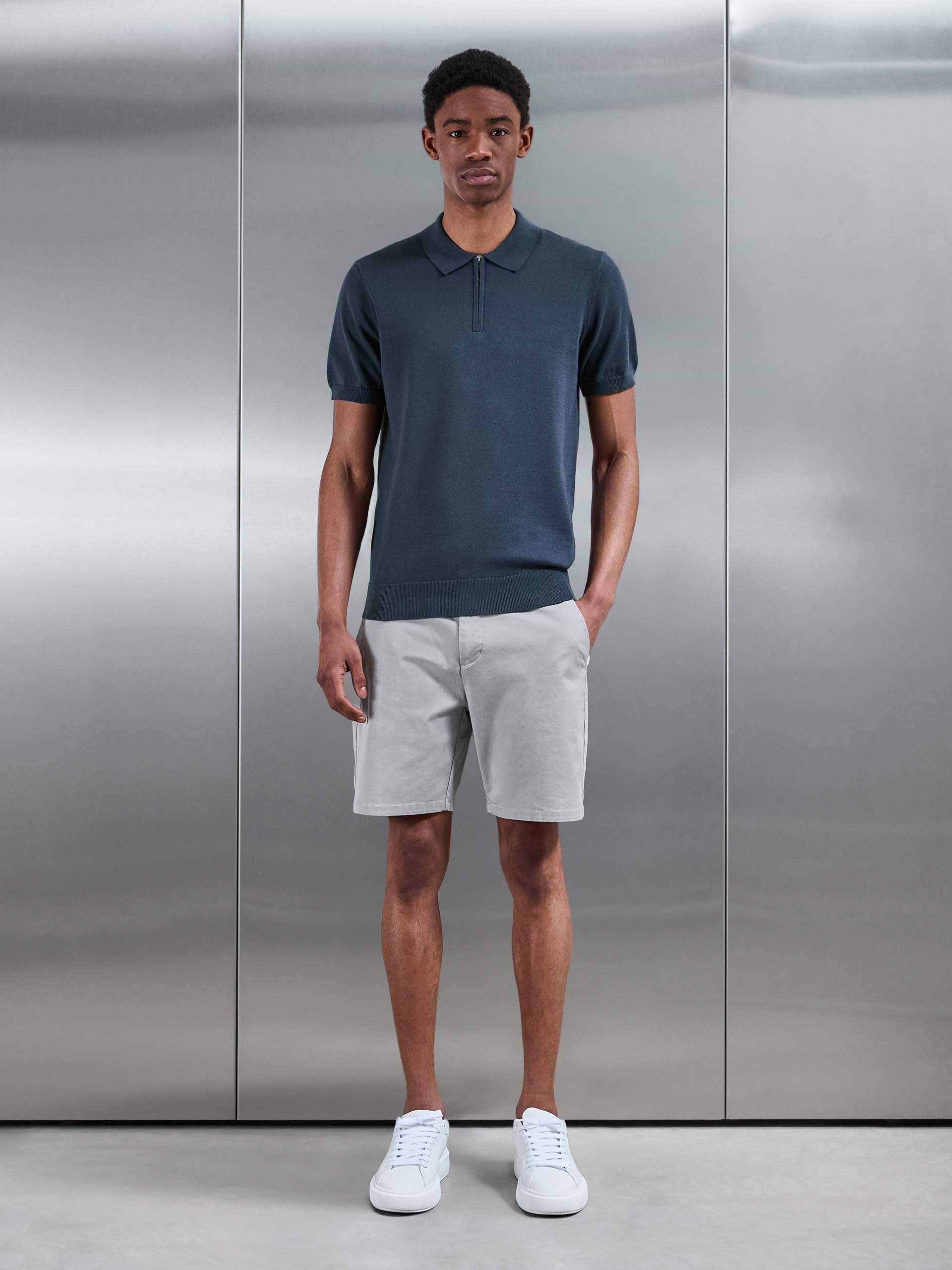 Cotton Knitted Zip Polo Shirt in Steel Blue