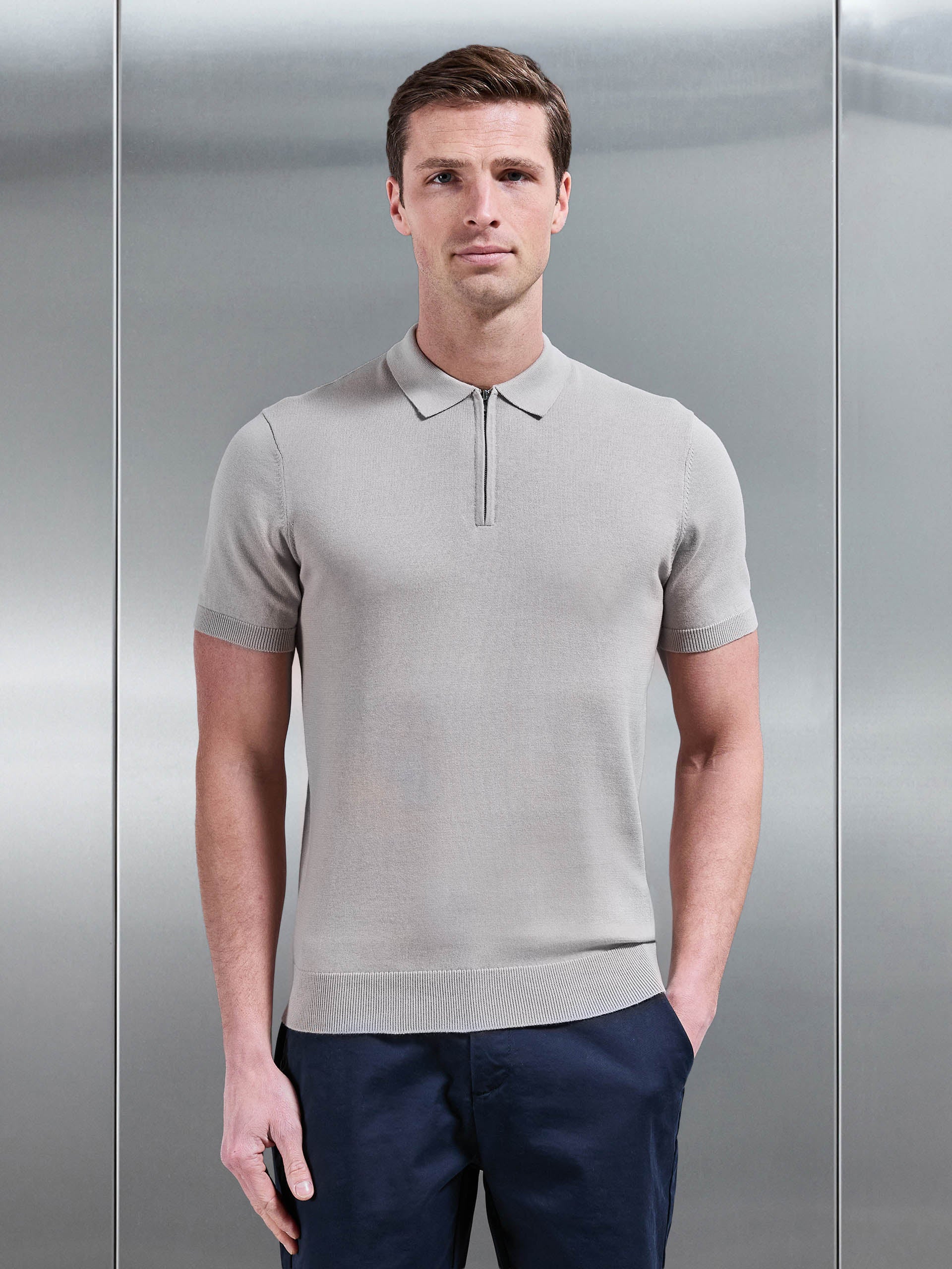 Cotton Knitted Zip Polo Shirt in Stone