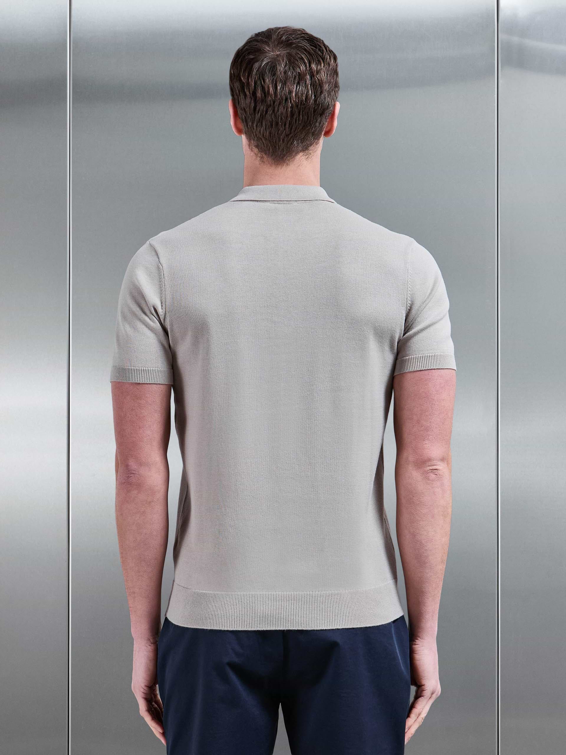 Cotton Knitted Zip Polo Shirt in Stone