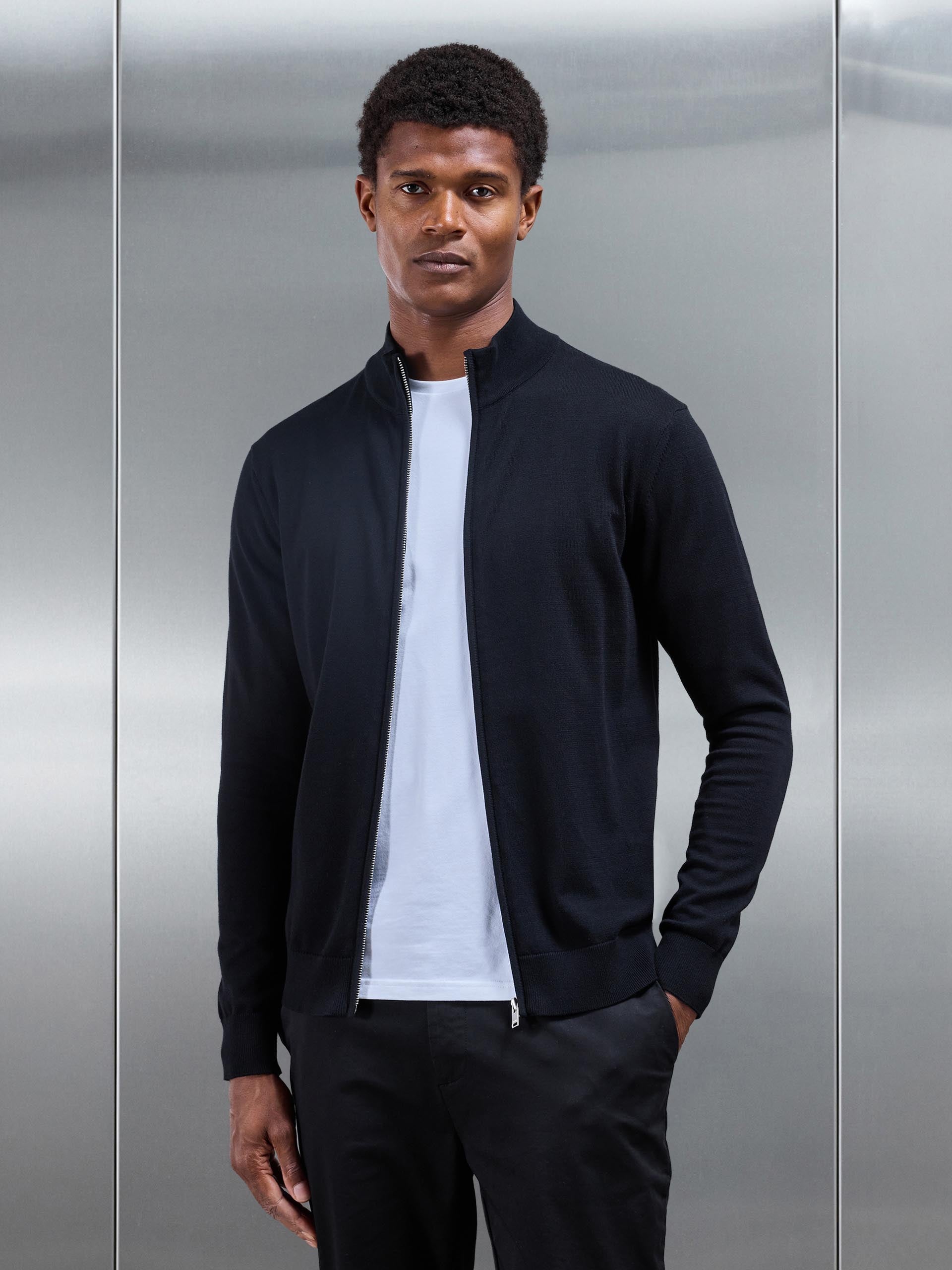 Cotton Knitted Zip Through Jacket in Black | ARNE UK Cotton Knitted Zip Through Jacket in Black | ARNE UK