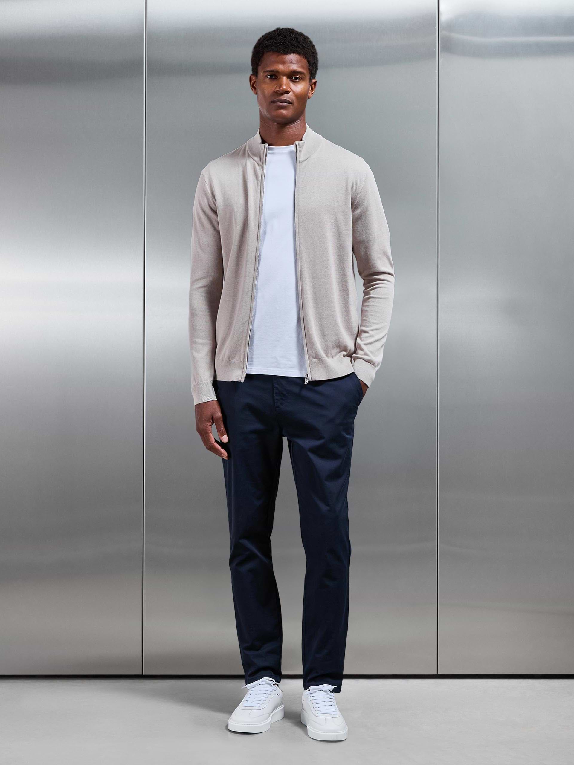 Cotton Knitted Zip Through Jacket in Stone