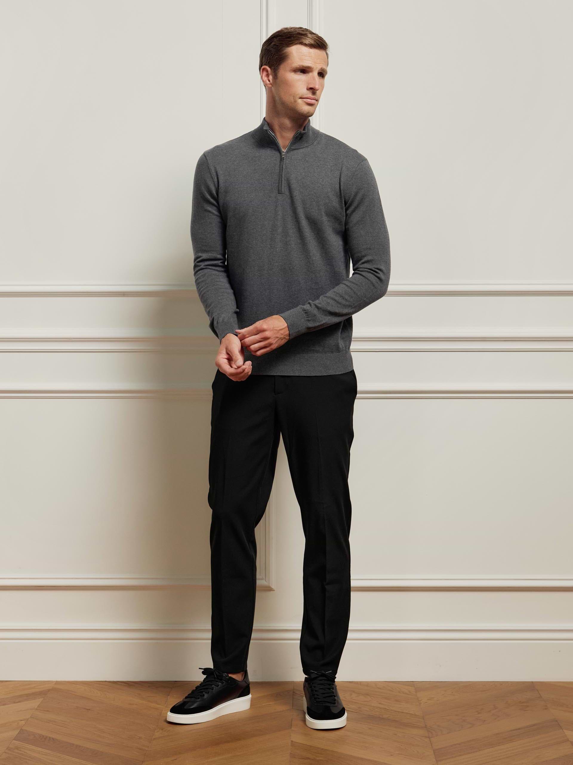 Cotton Knitted Half Zip Funnel Neck Jumper in Charcoal Marl