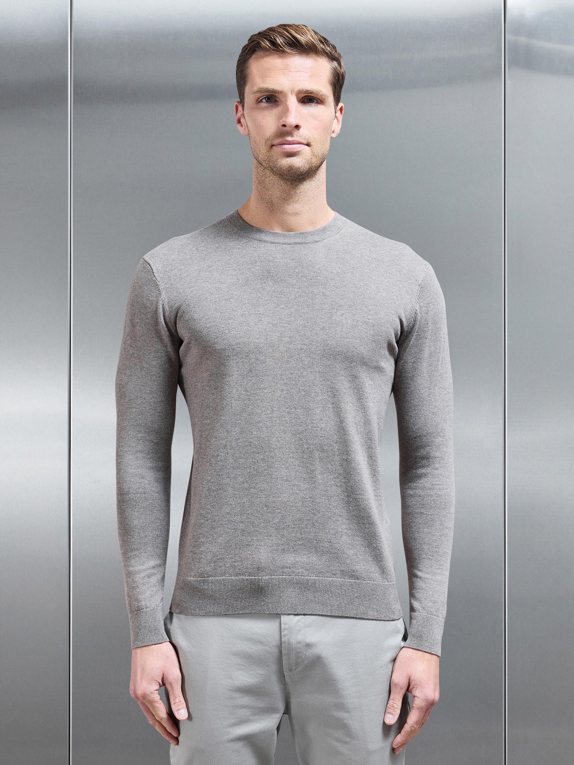 Cotton Knitted Crew Neck Sweatshirt in Taupe Marl