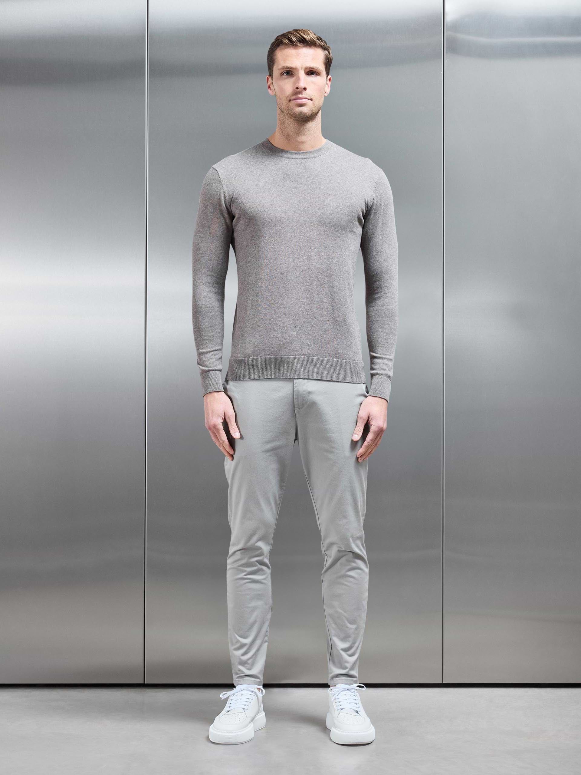 Cotton Knitted Crew Neck Sweatshirt in Taupe Marl
