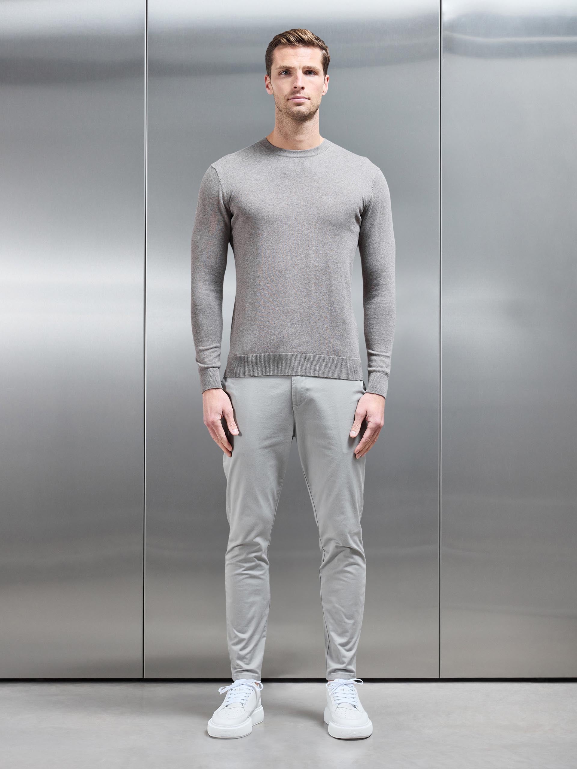 Cotton Knitted Crew Neck Sweatshirt in Taupe Marl