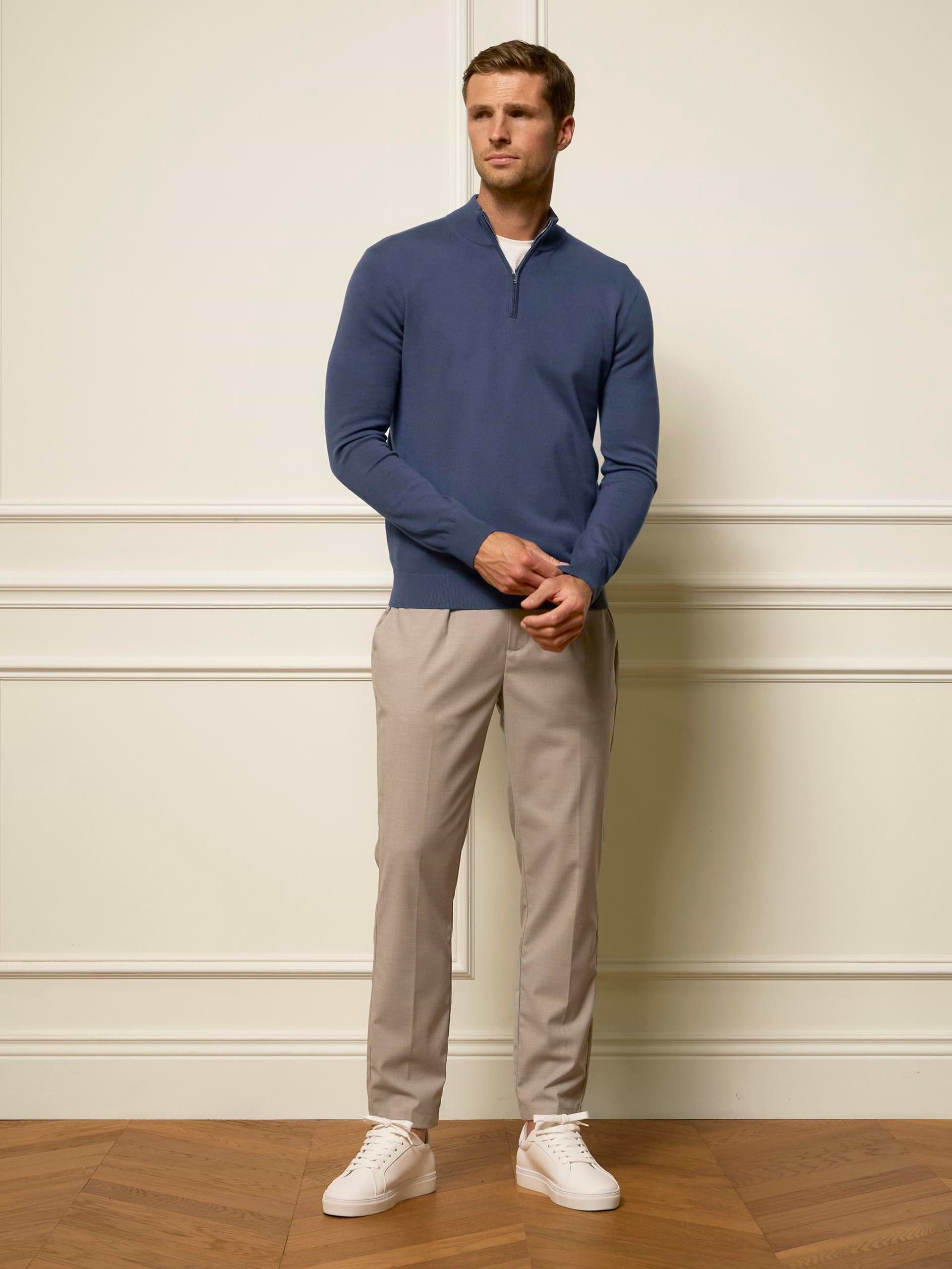 Cotton Knitted Half Zip Funnel Neck Jumper in Slate Blue