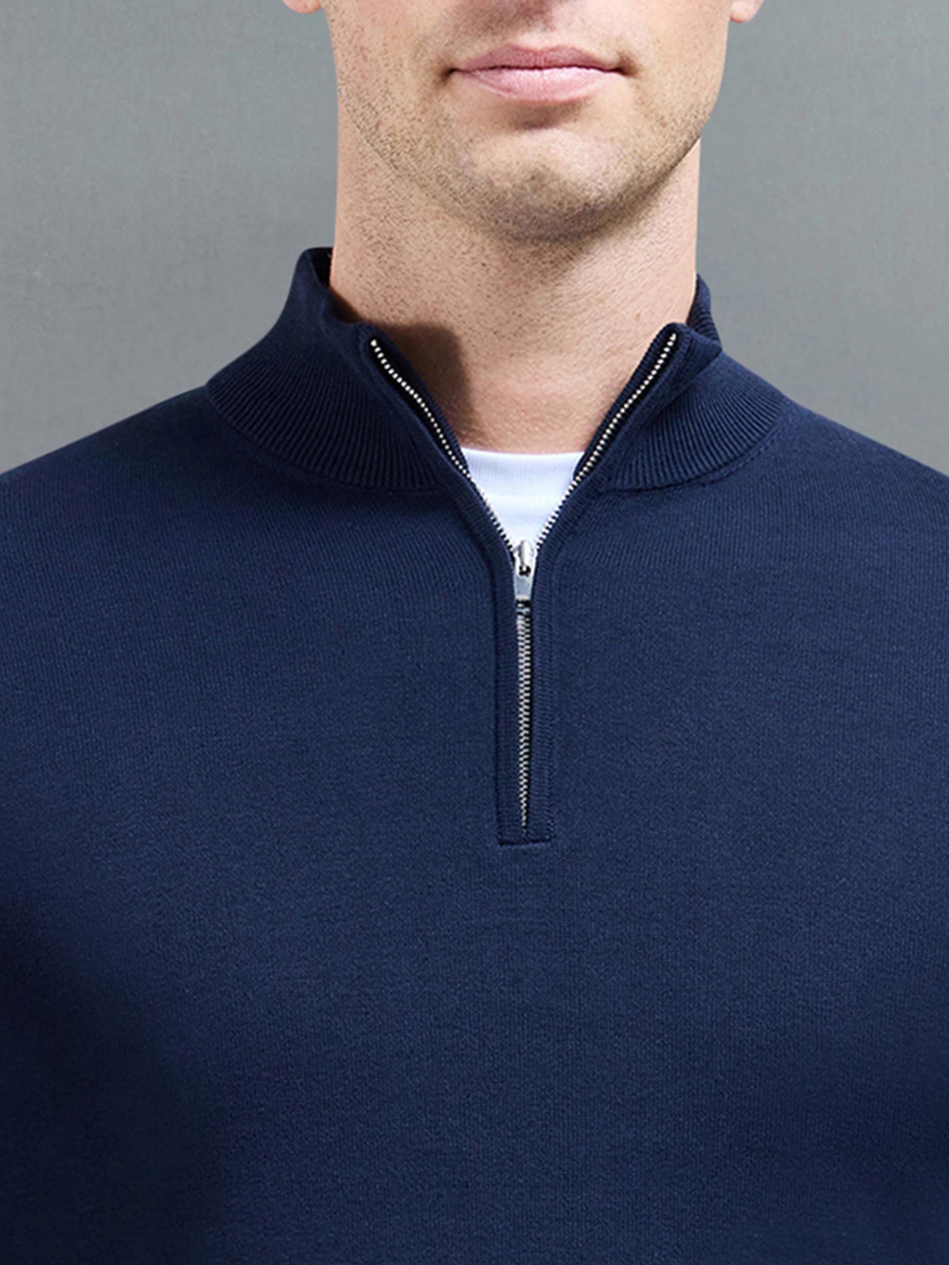 Cotton Knitted Half Zip Funnel Neck Jumper in Navy