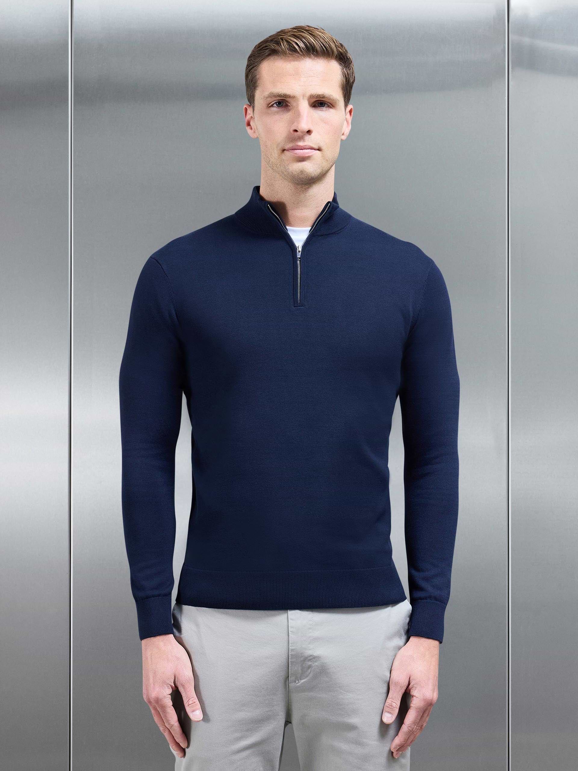 Cotton Knitted Half Zip Funnel Neck Jumper in Navy