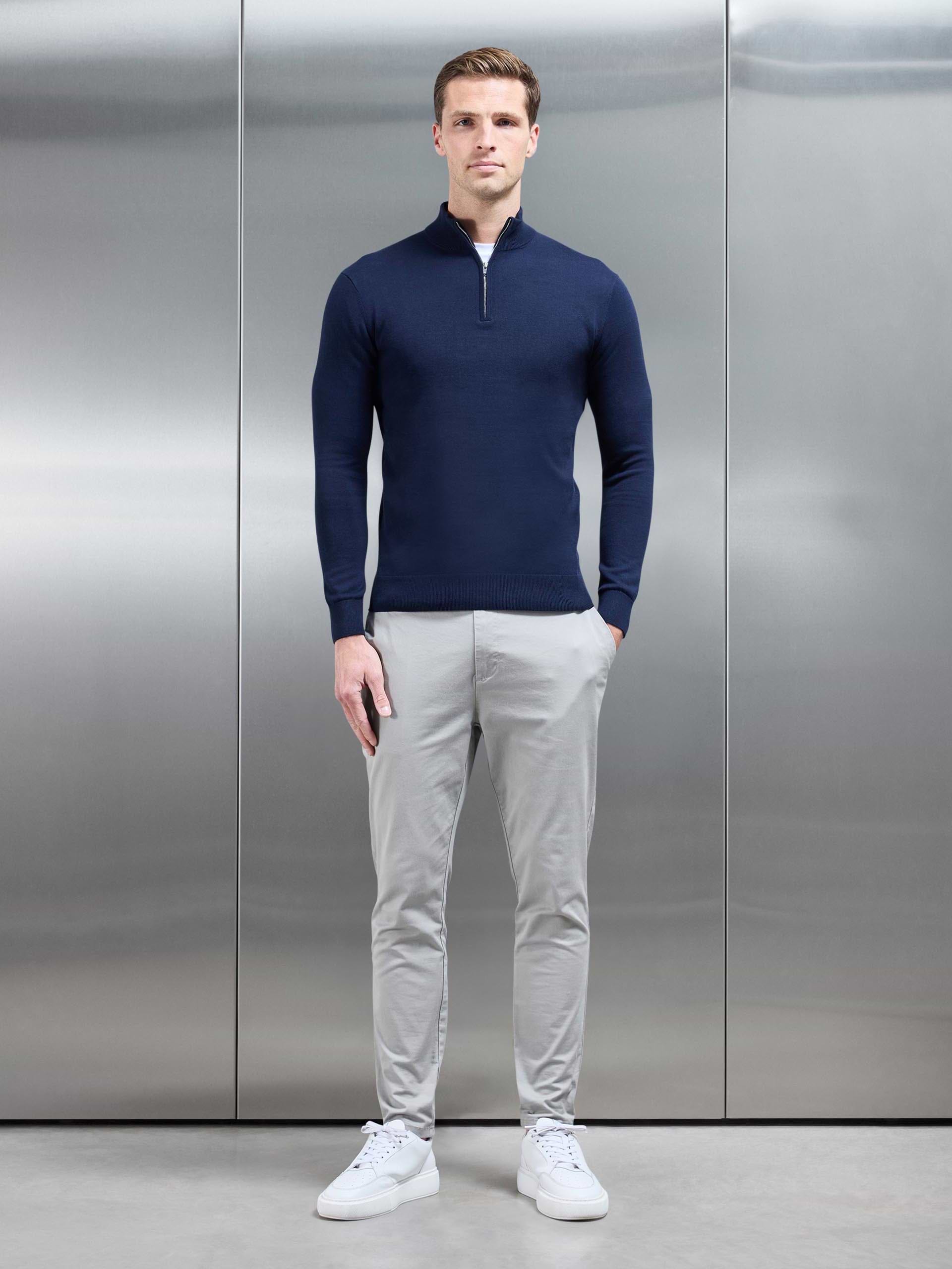 Cotton Knitted Half Zip Funnel Neck Jumper in Navy