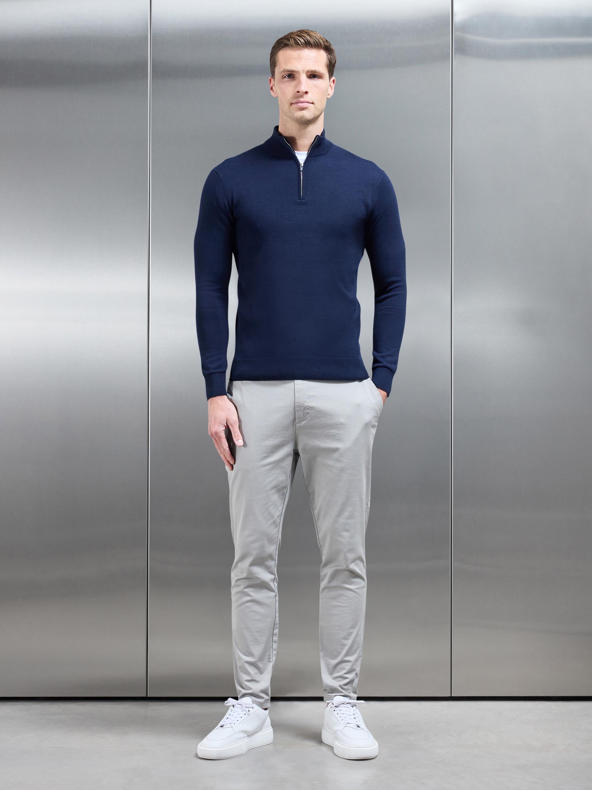 Cotton Knitted Half Zip Funnel Neck Jumper in Navy