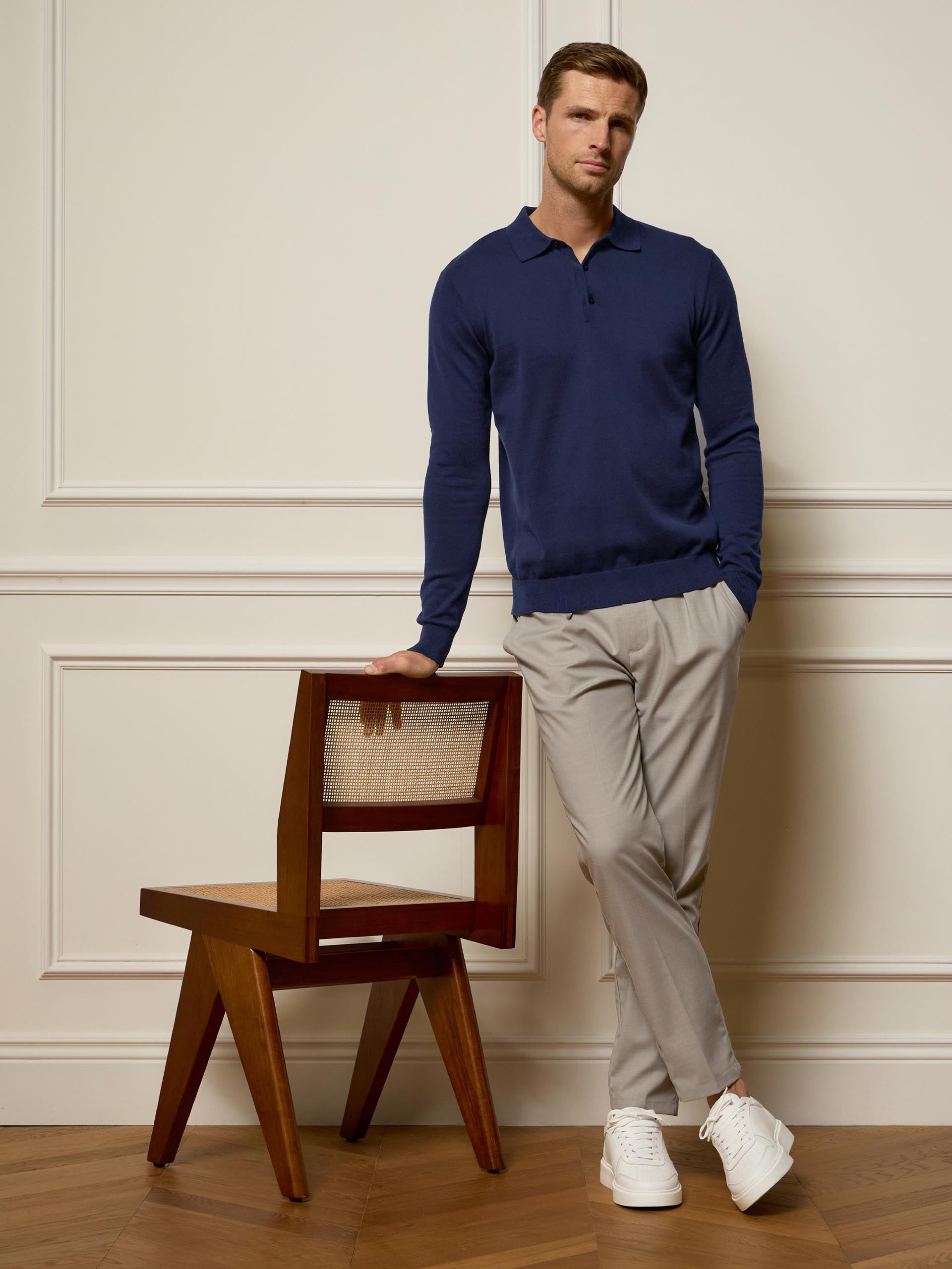 Cotton Knitted Long Sleeve Button Polo Shirt in Navy