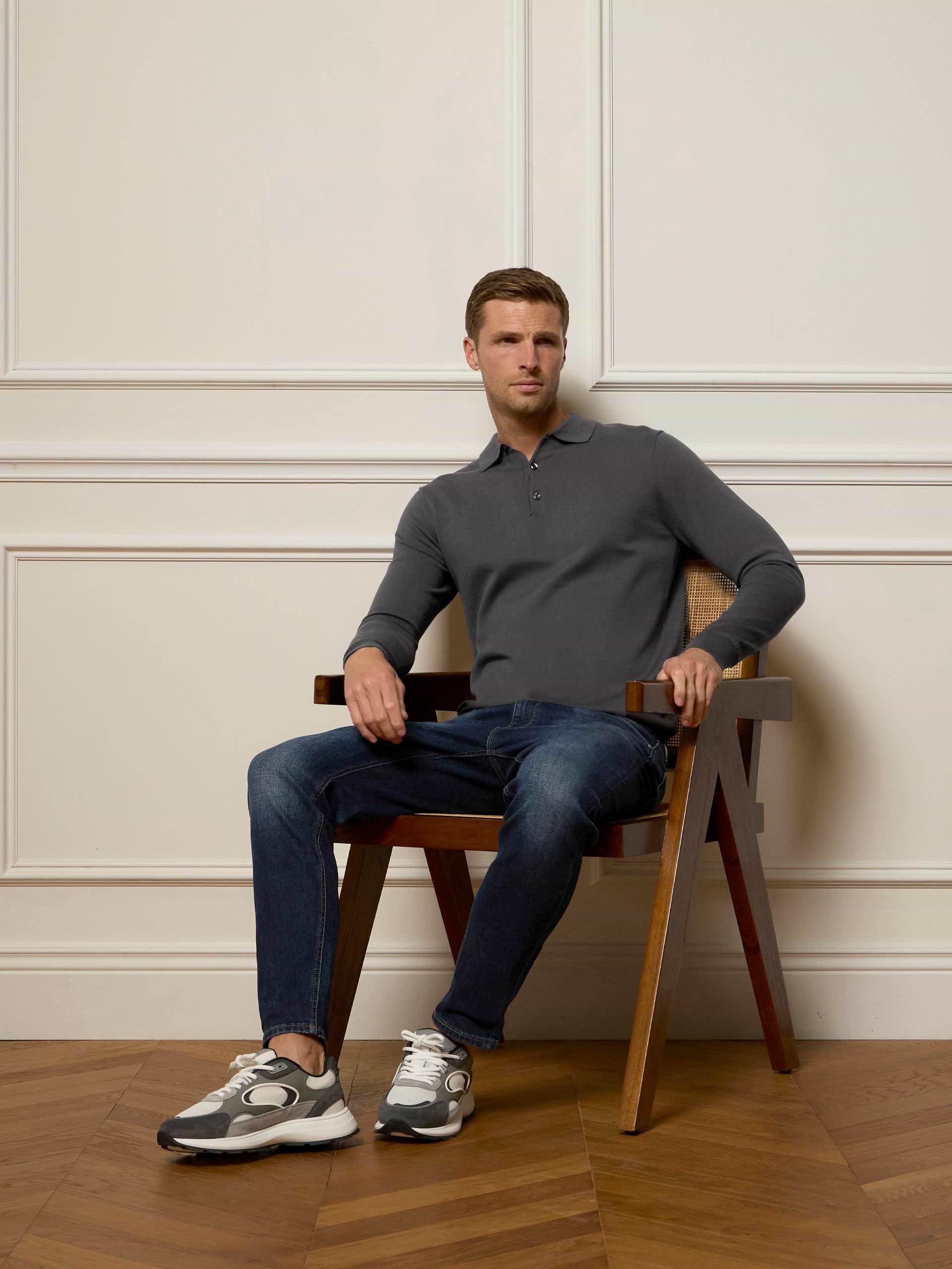 Cotton Knitted Long Sleeve Button Polo Shirt in Grey