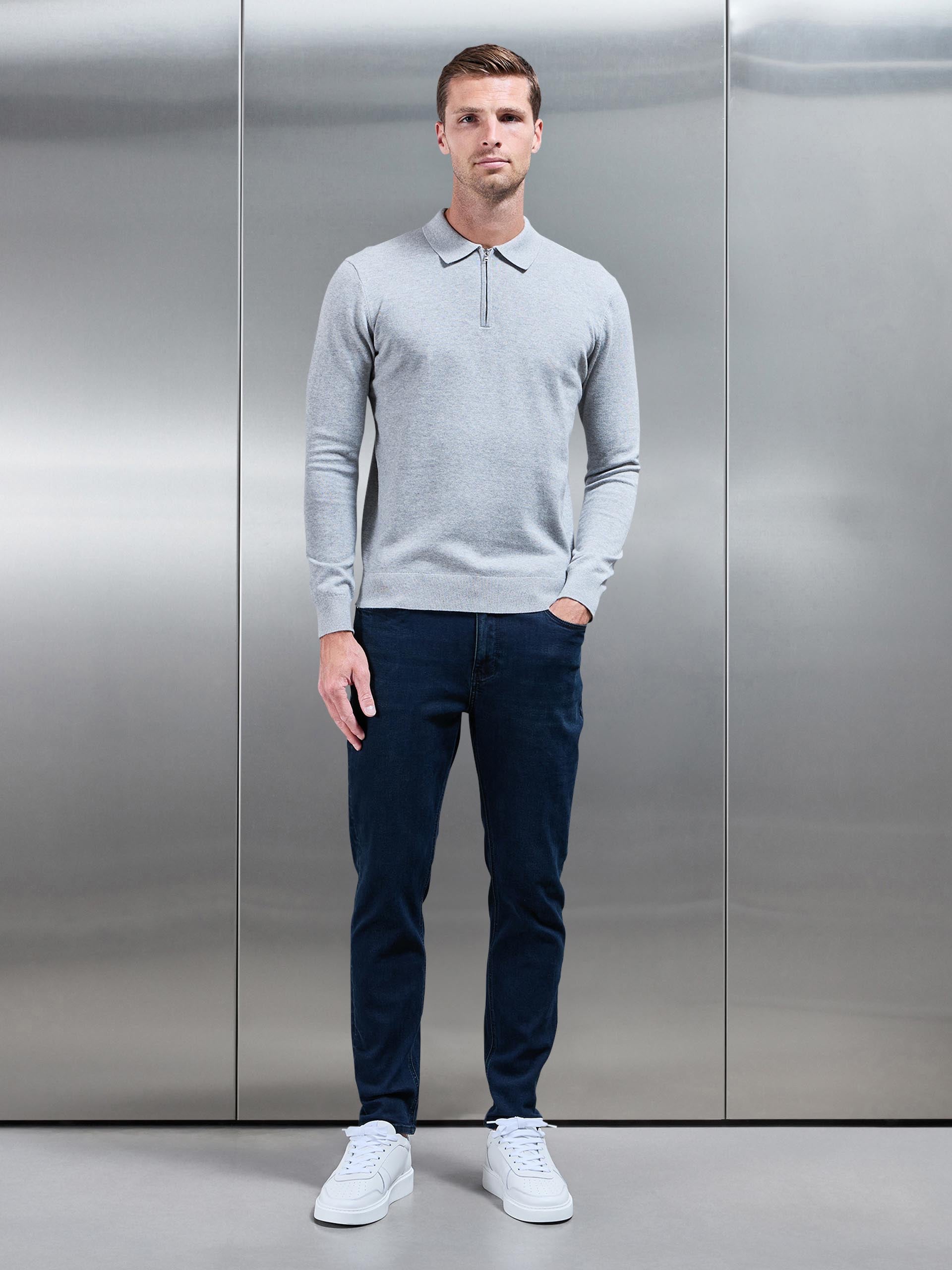 Cotton Knitted Long Sleeve Half Zip Polo Shirt in Marl Grey