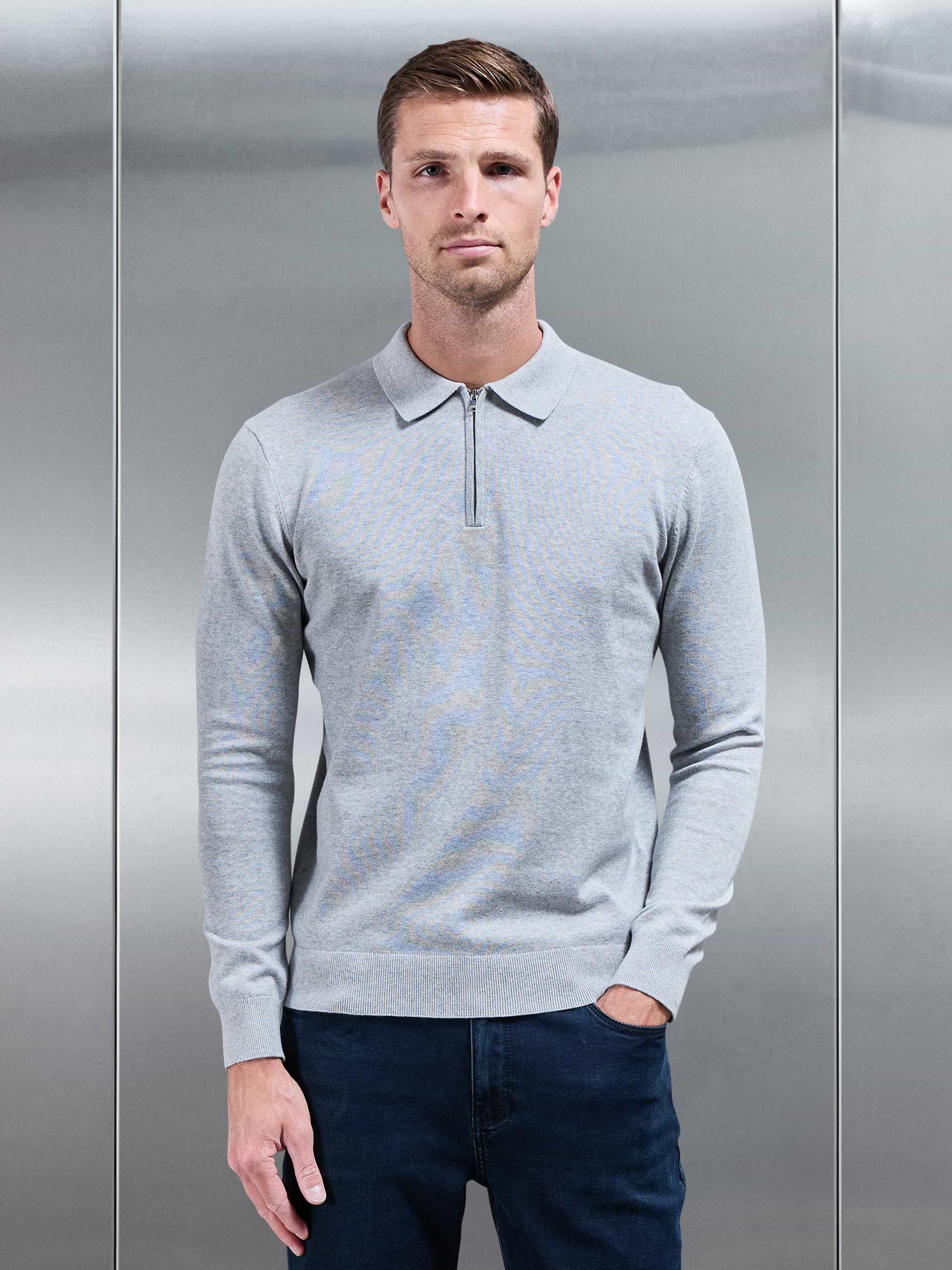Cotton Knitted Long Sleeve Half Zip Polo Shirt in Marl Grey