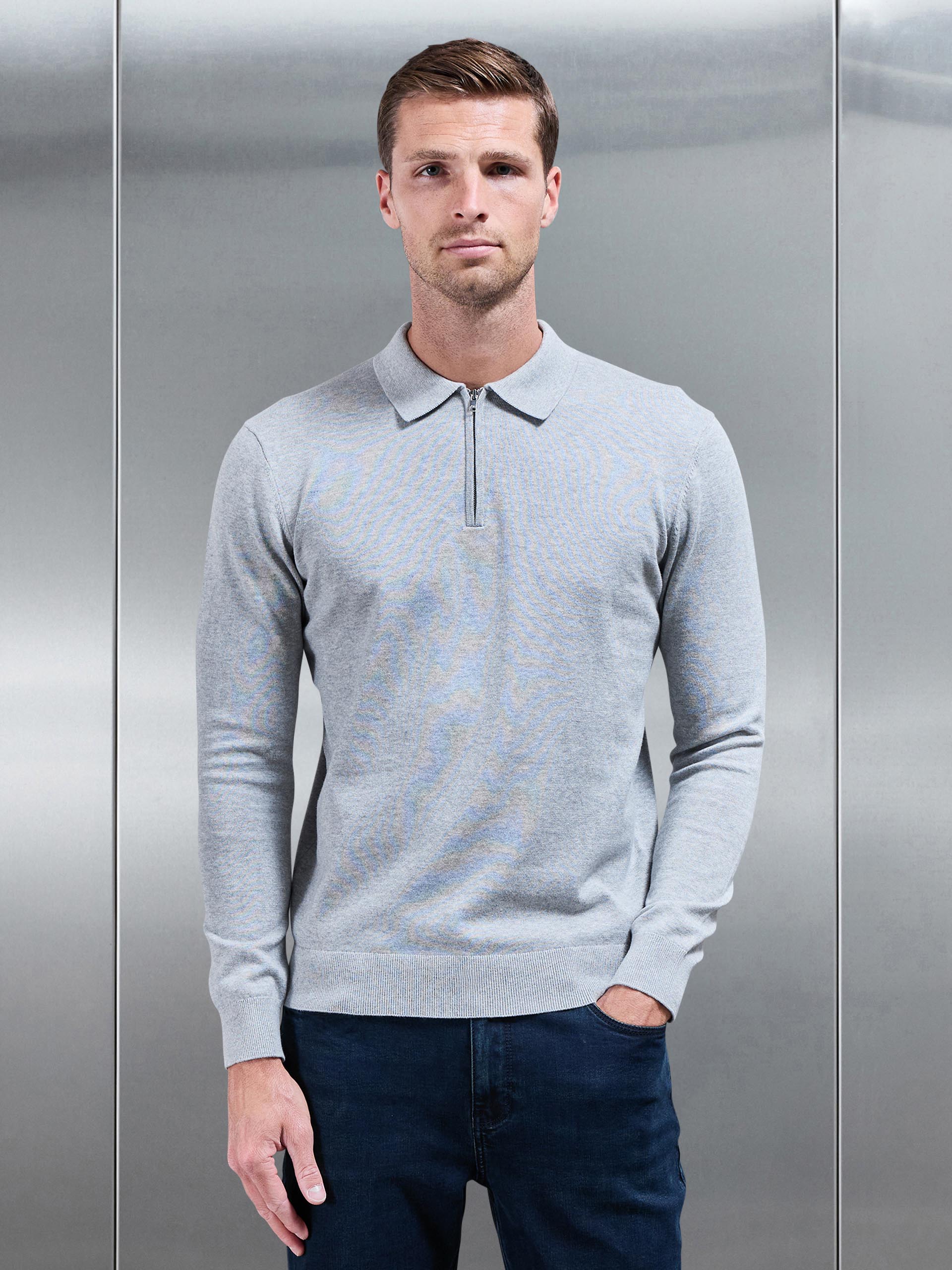 Cotton Knitted Long Sleeve Half Zip Polo Shirt in Marl Grey