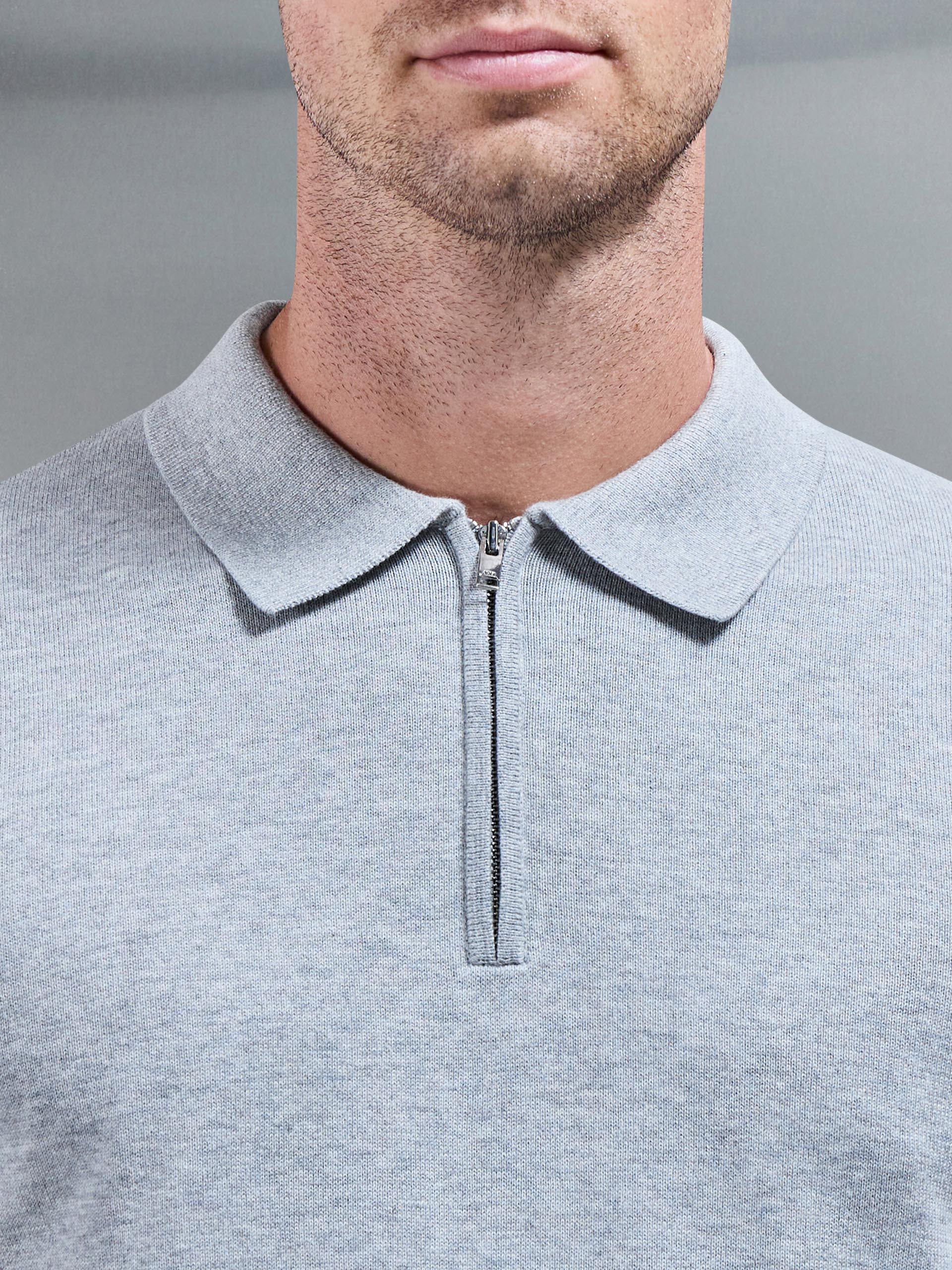 Cotton Knitted Long Sleeve Half Zip Polo Shirt in Marl Grey