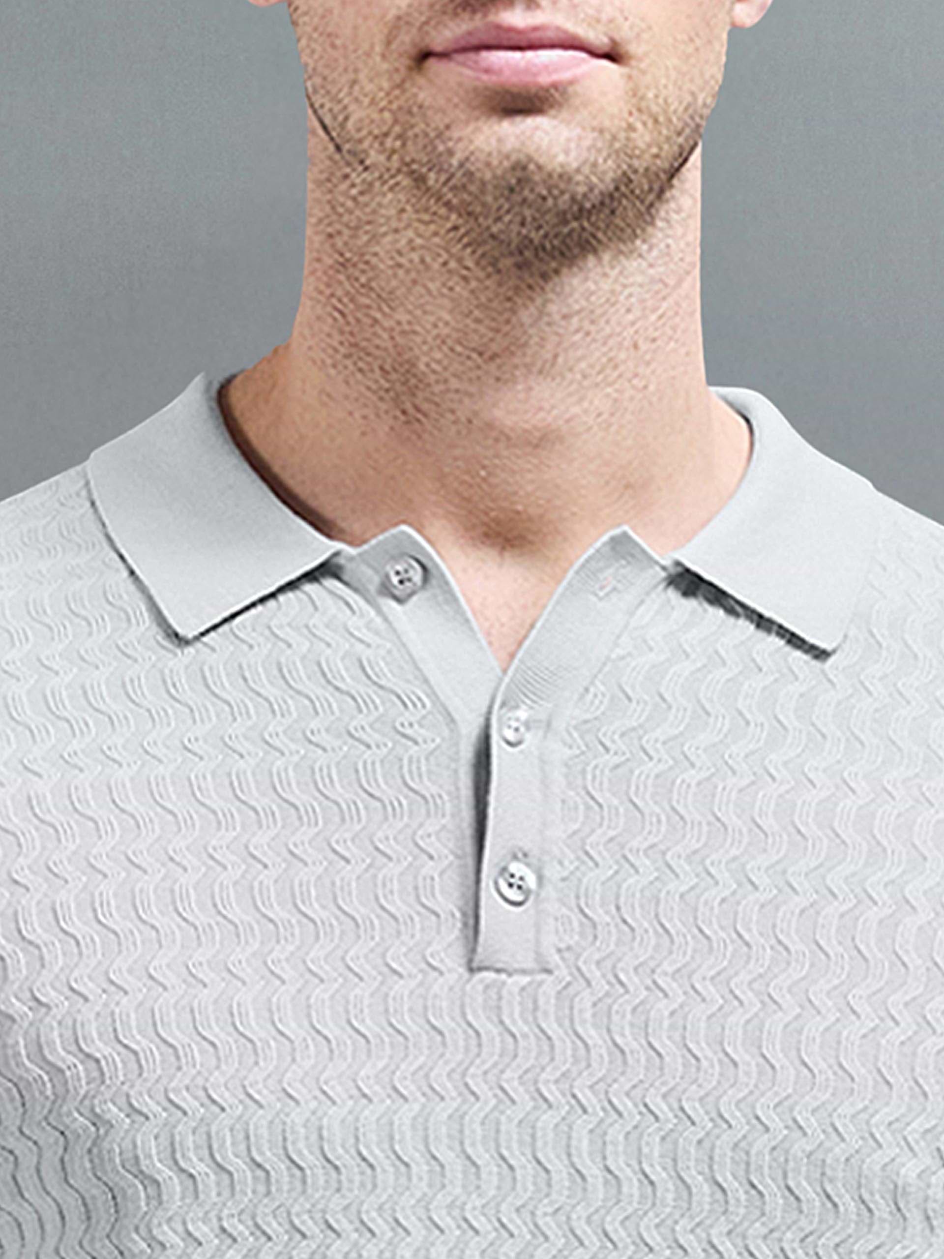 Cotton Knitted Long Sleeve Textured Polo Shirt in Mid Grey