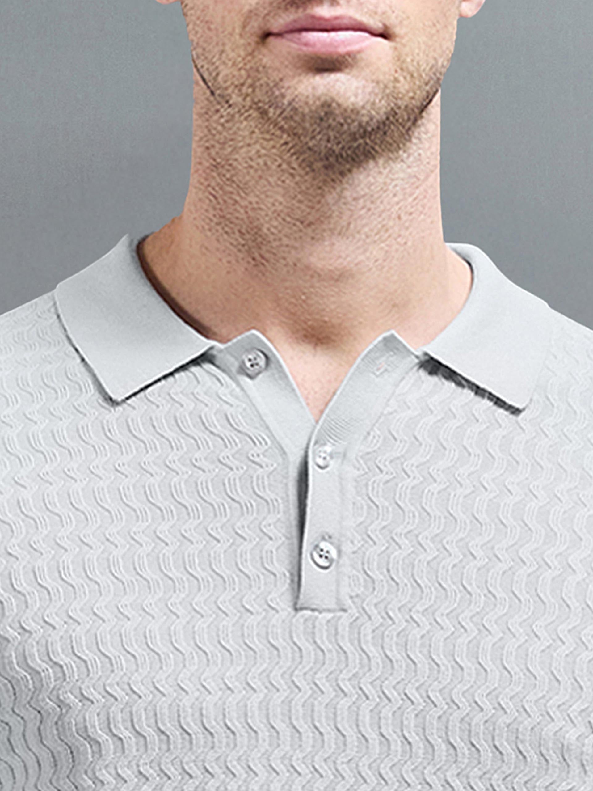 Cotton Knitted Long Sleeve Textured Polo Shirt in Mid Grey