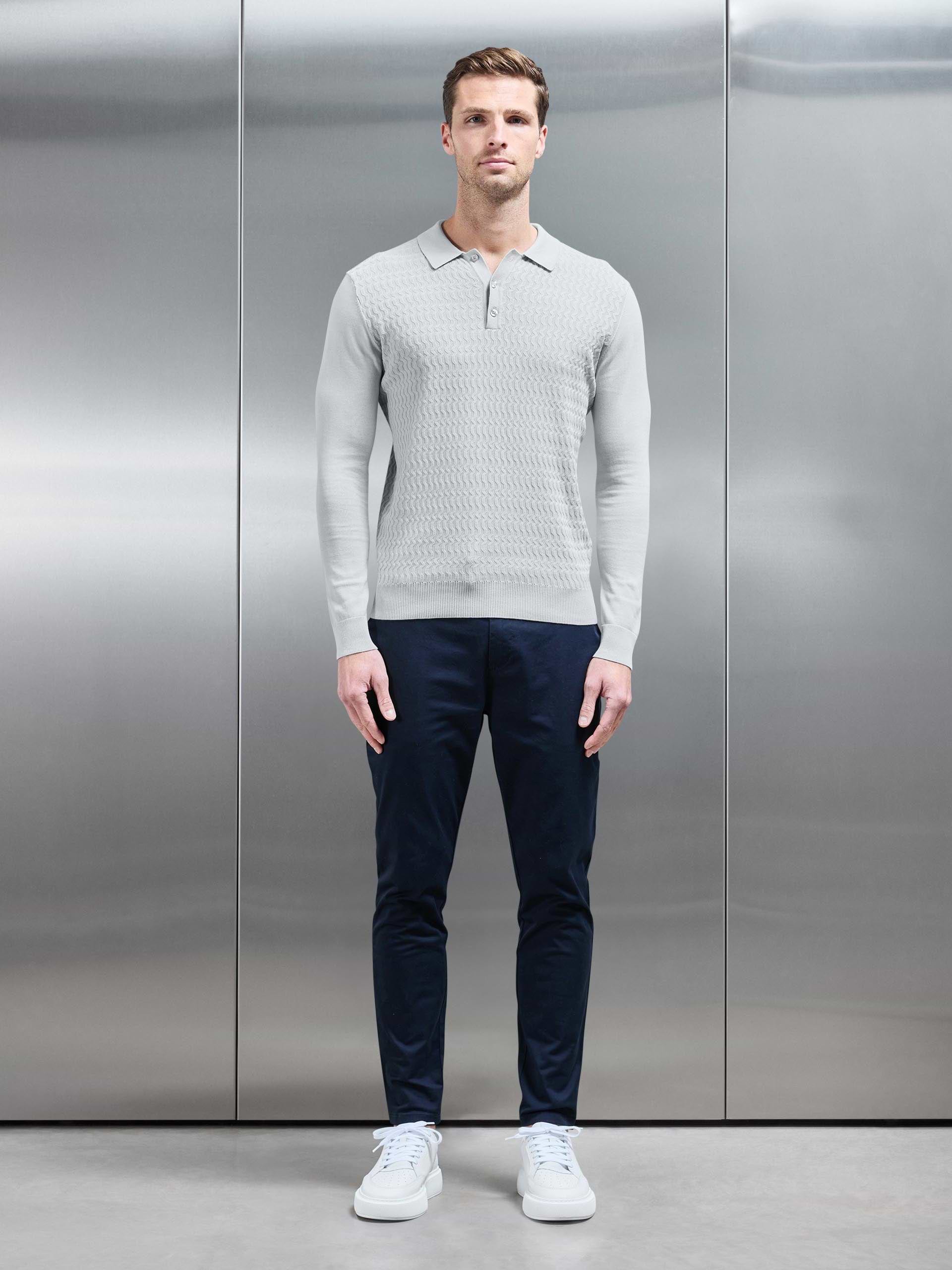 Cotton Knitted Long Sleeve Textured Polo Shirt in Mid Grey