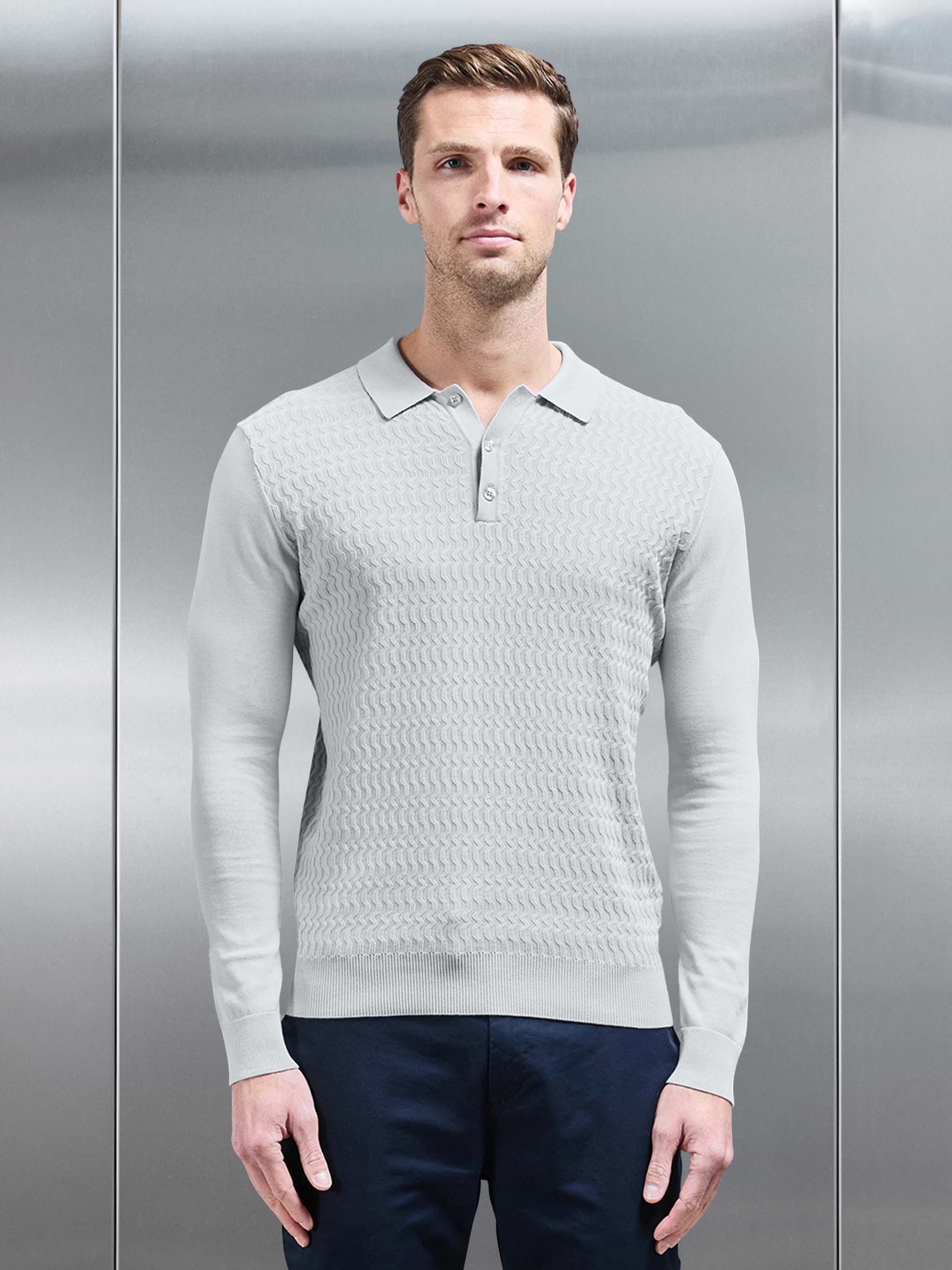 Cotton Knitted Long Sleeve Textured Polo Shirt in Mid Grey