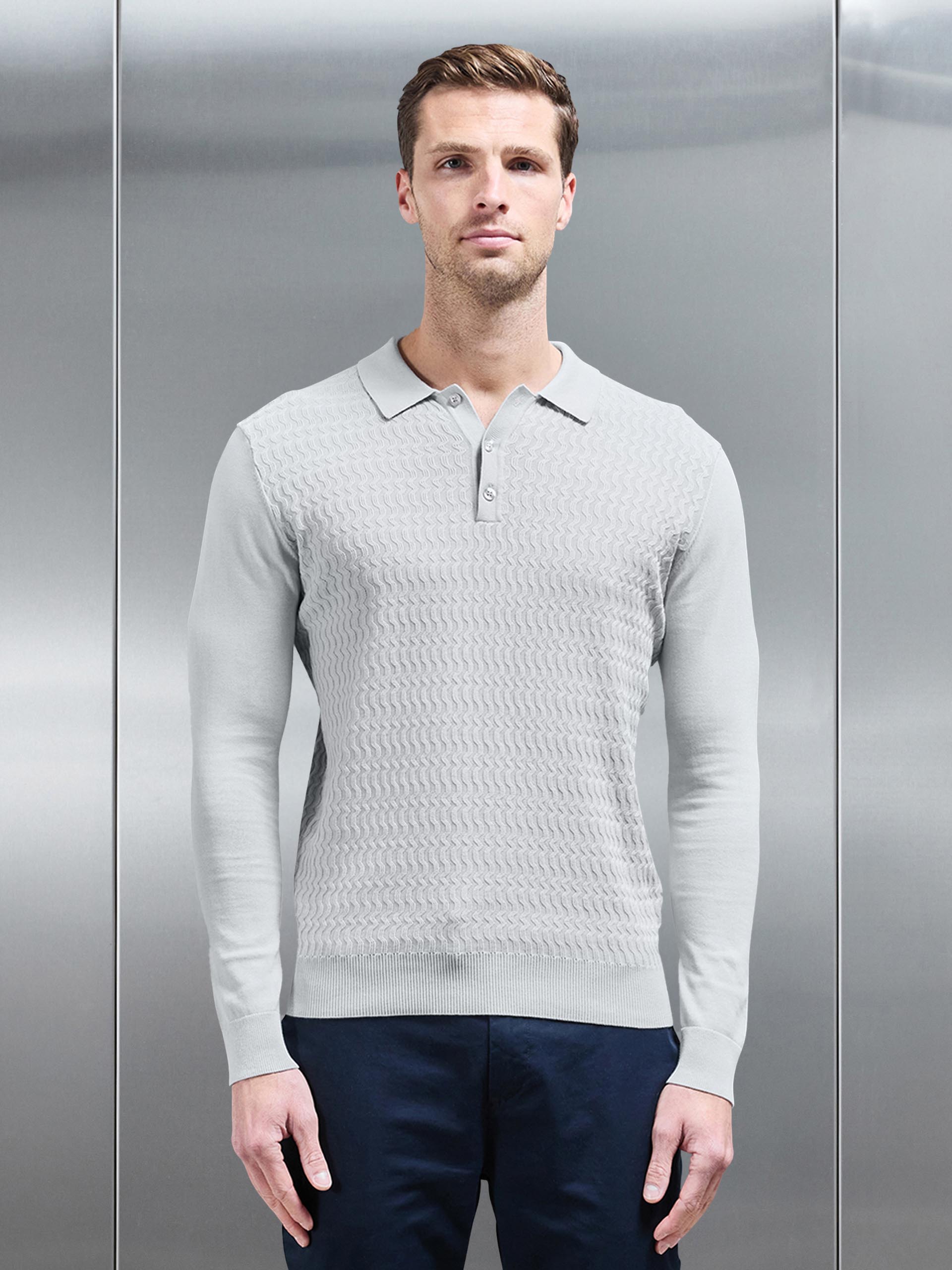 Cotton Knitted Long Sleeve Textured Polo Shirt in Mid Grey