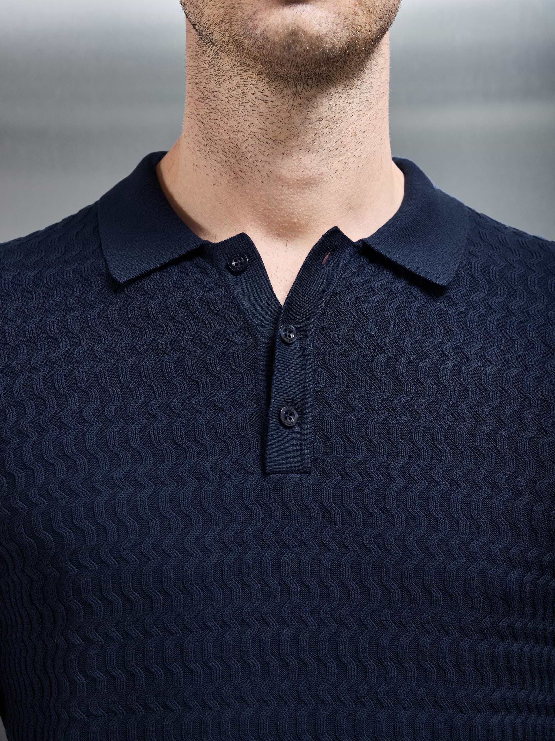 Cotton Knitted Long Sleeve Textured Polo Shirt in Navy