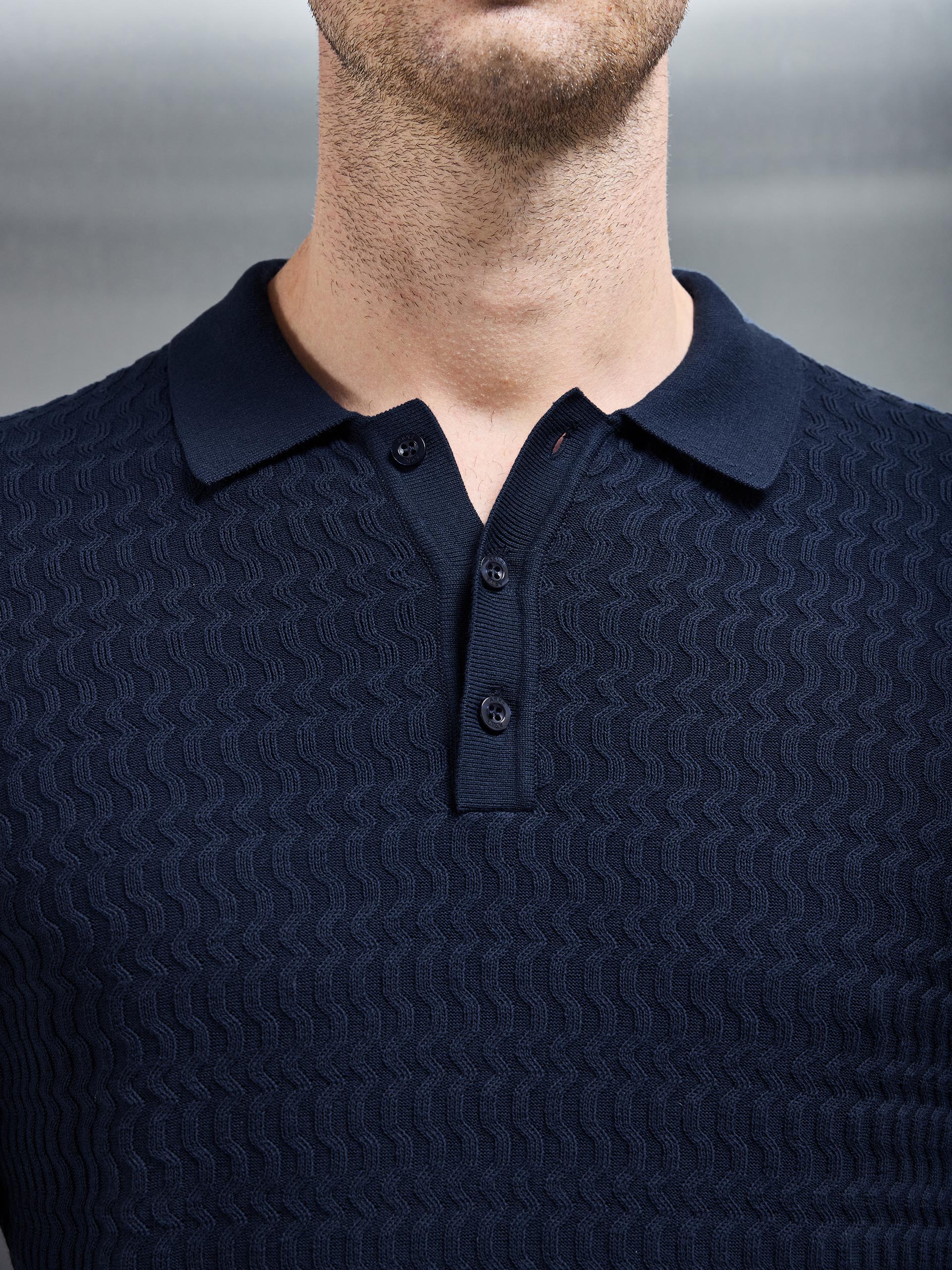 Cotton Knitted Long Sleeve Textured Polo Shirt in Navy