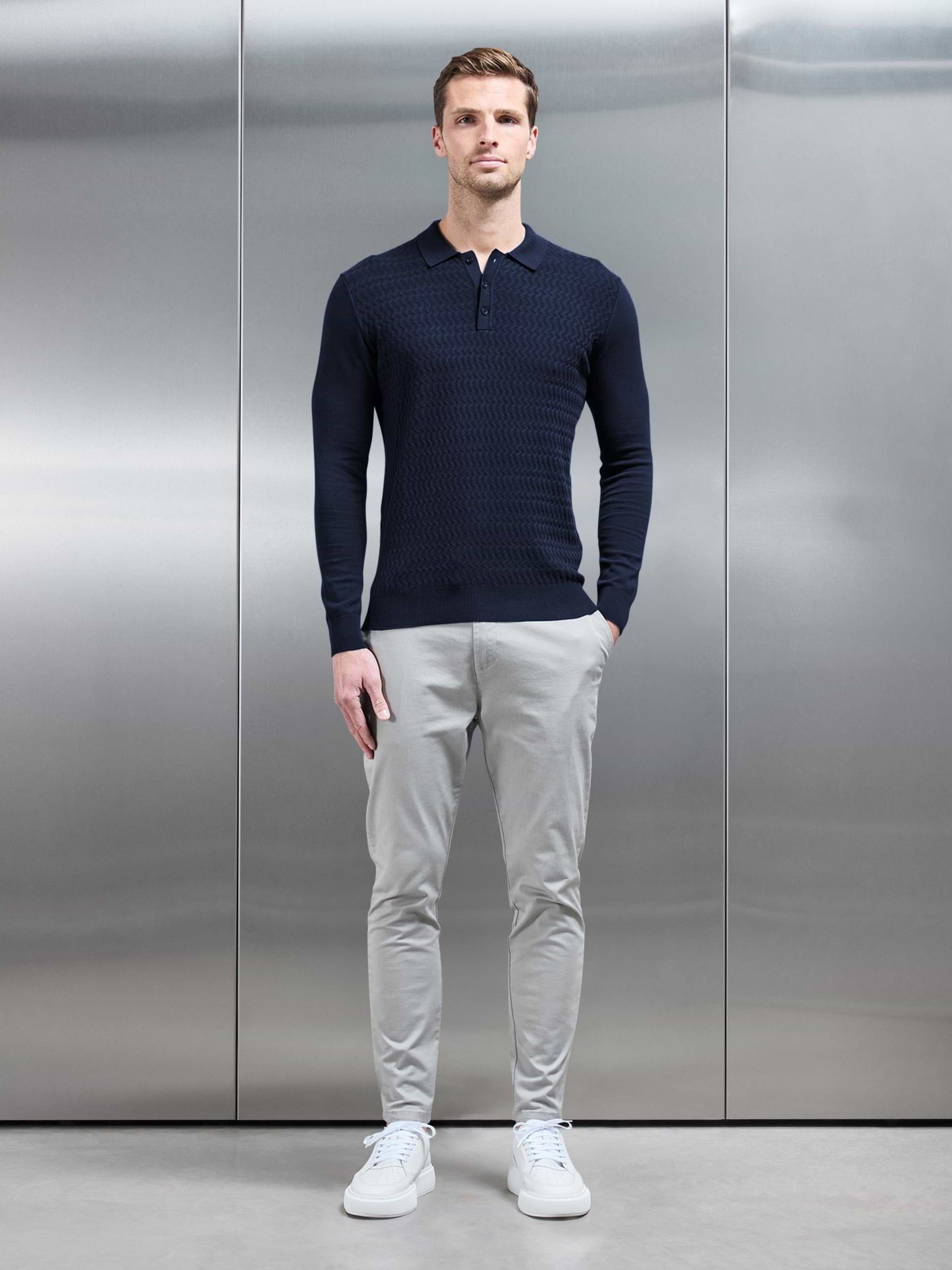 Cotton Knitted Long Sleeve Textured Polo Shirt in Navy