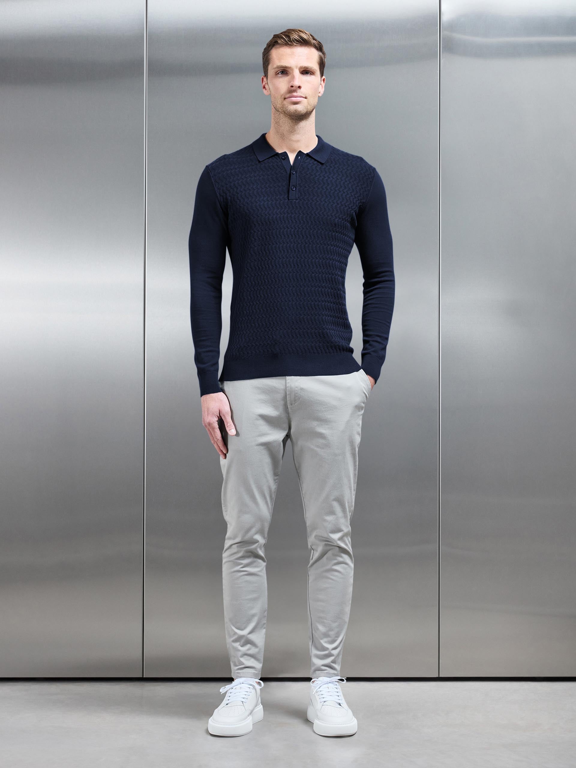 Cotton Knitted Long Sleeve Textured Polo Shirt in Navy