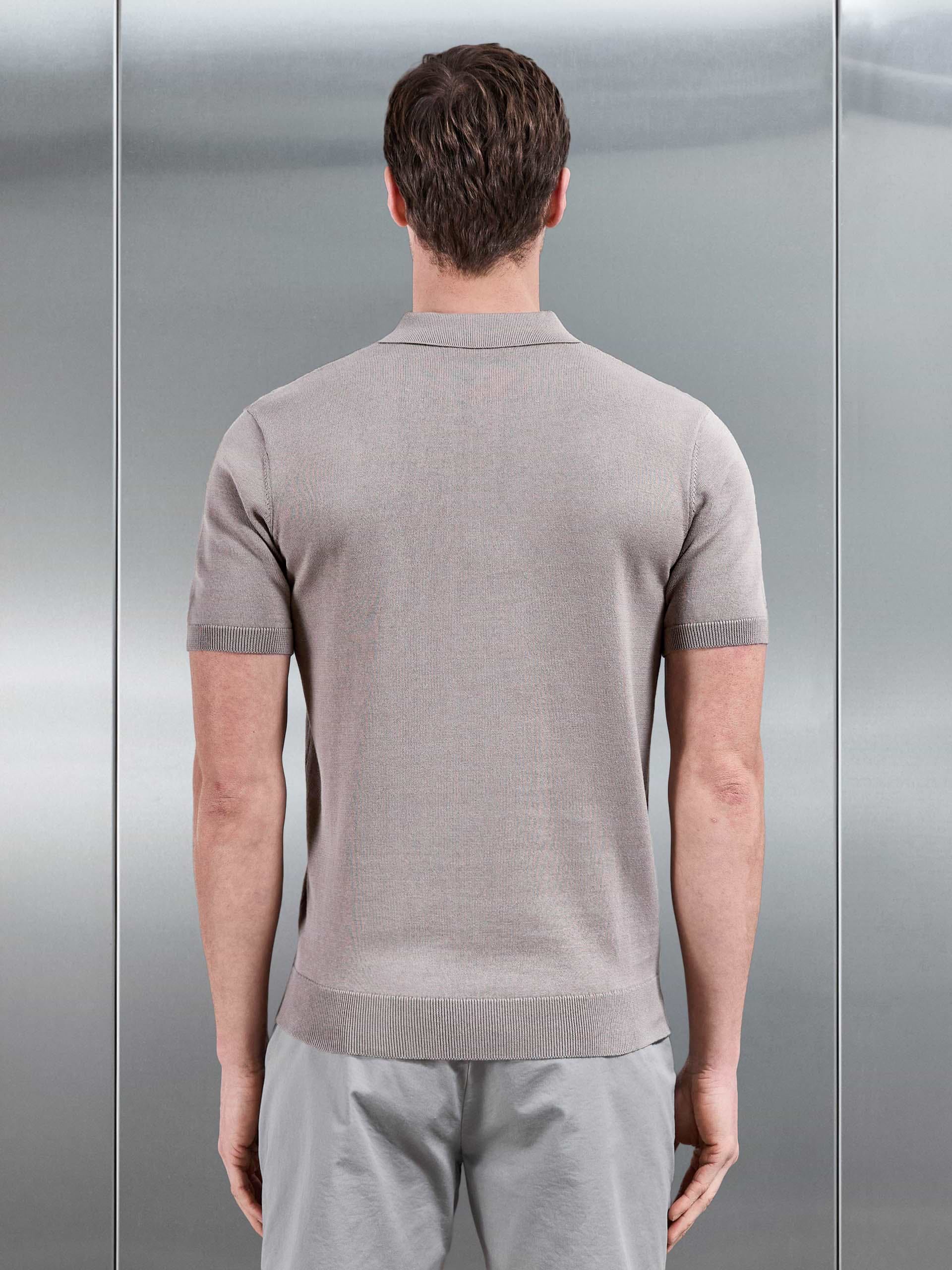 Cotton Knitted Button Polo Shirt in Taupe