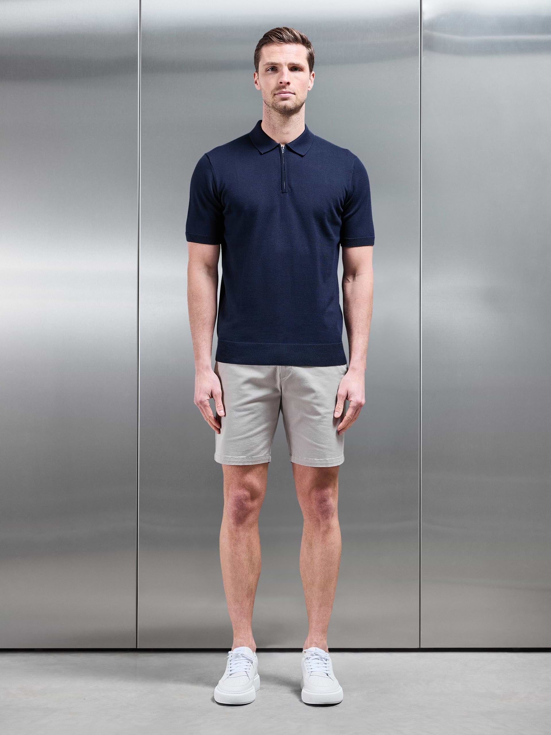 Cotton Knitted Zip Polo Shirt in Navy