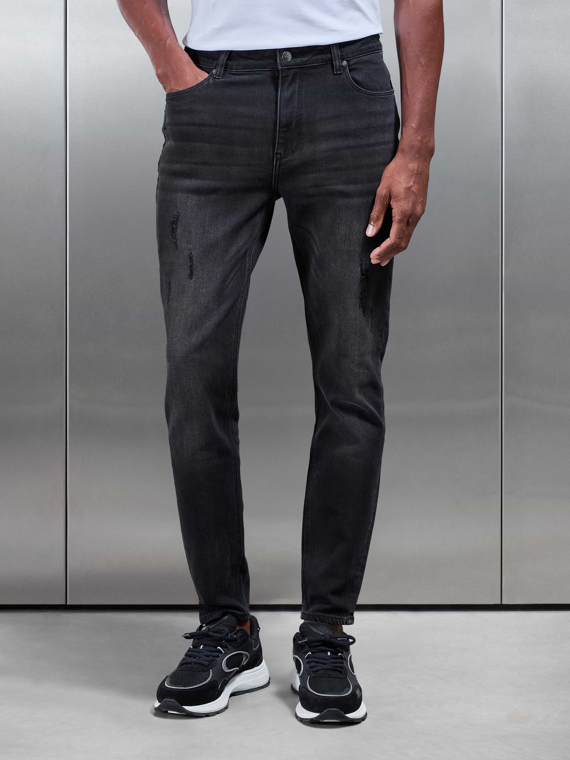 Distressed Denim Jeans in Black Wash