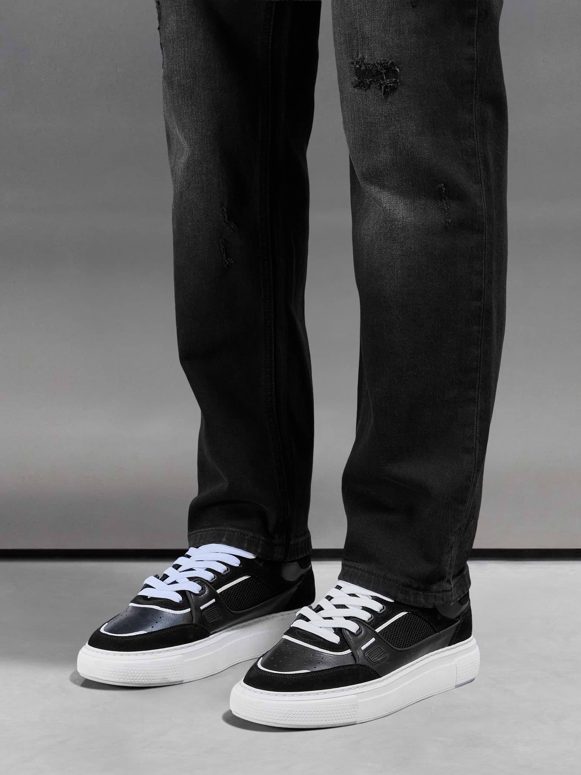 Distressed Straight Leg Denim Jeans in Black Wash