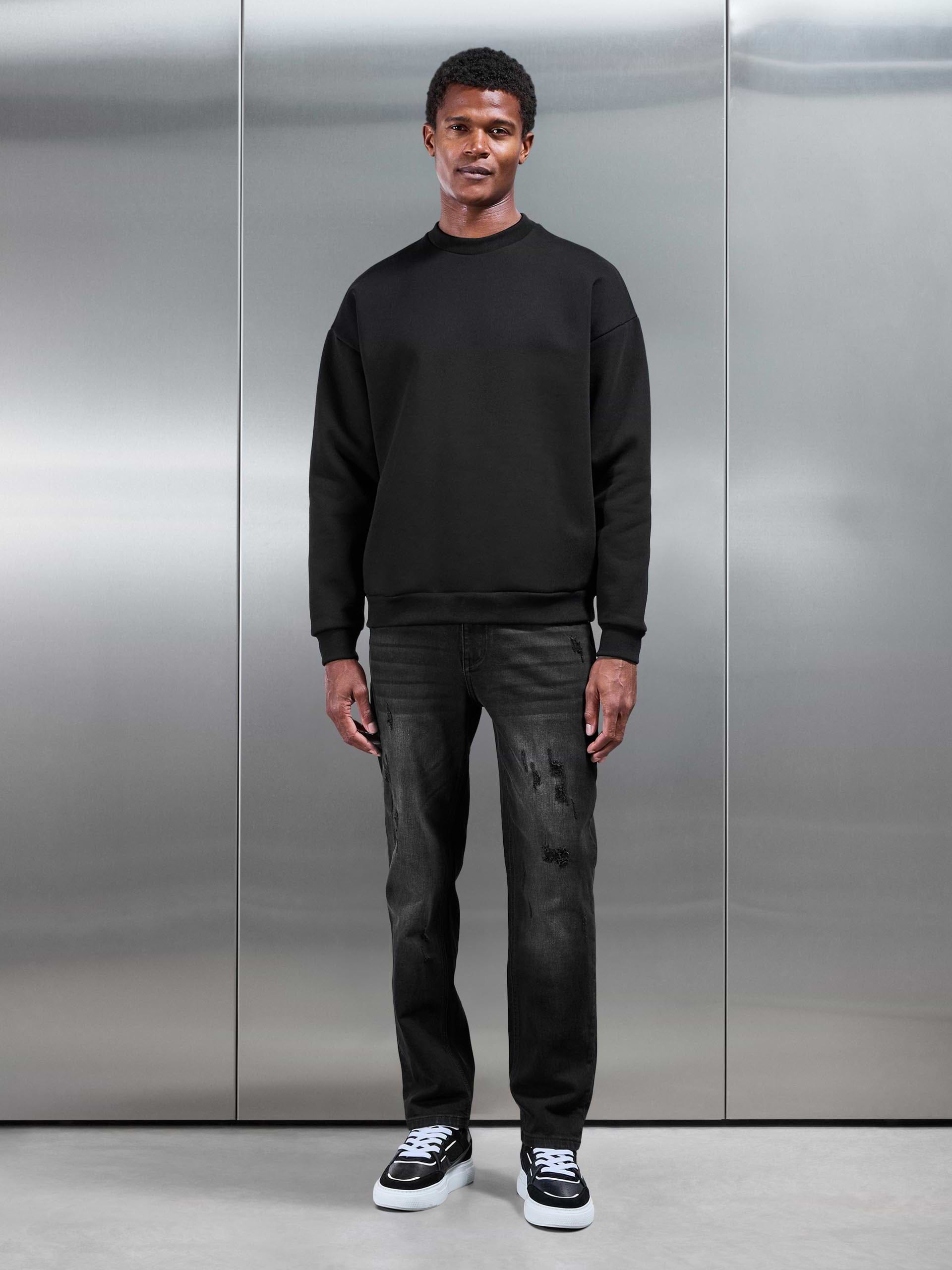 Distressed Straight Leg Denim Jeans in Black Wash