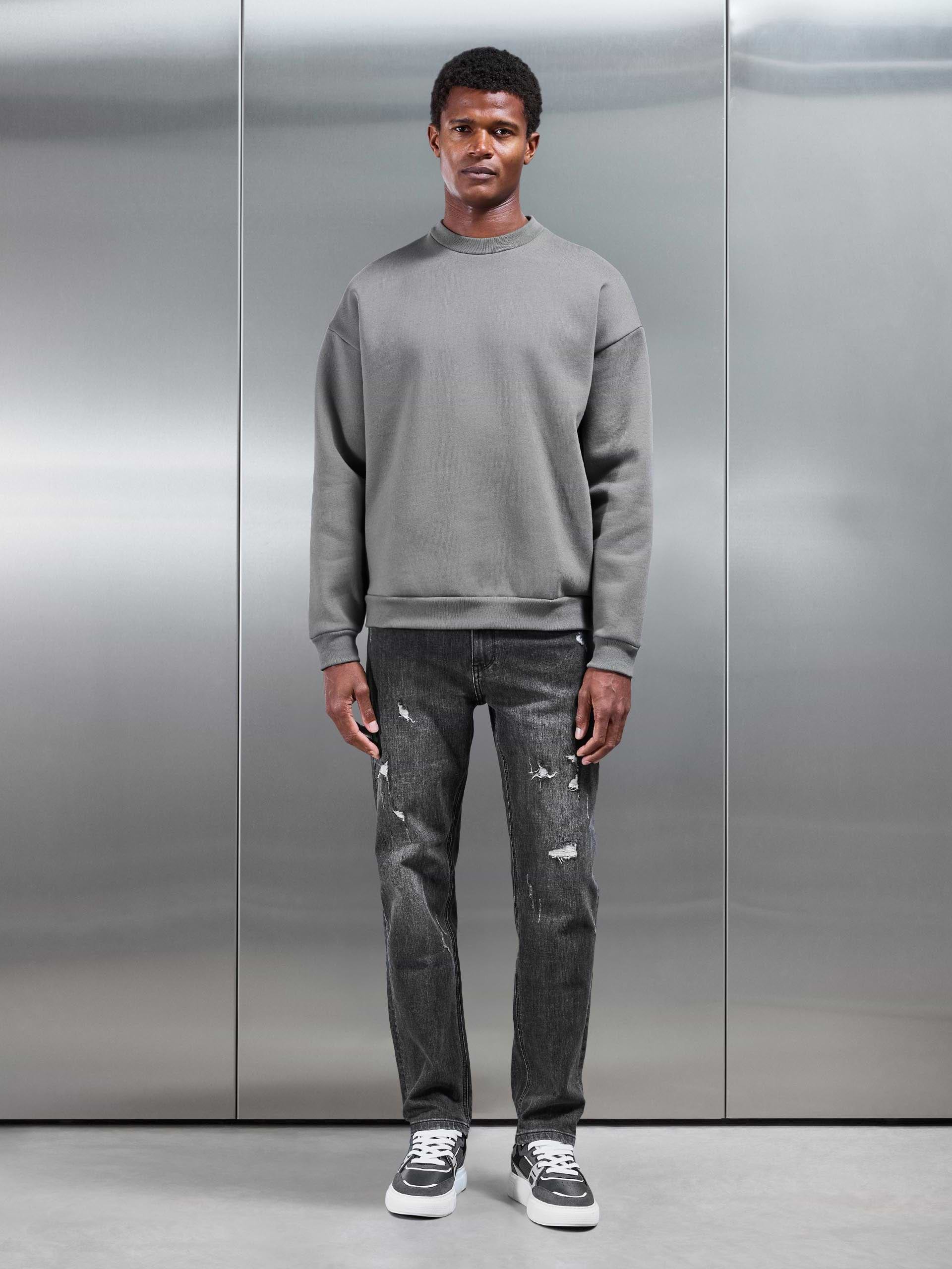 Distressed Straight Leg Denim Jeans in Grey Wash