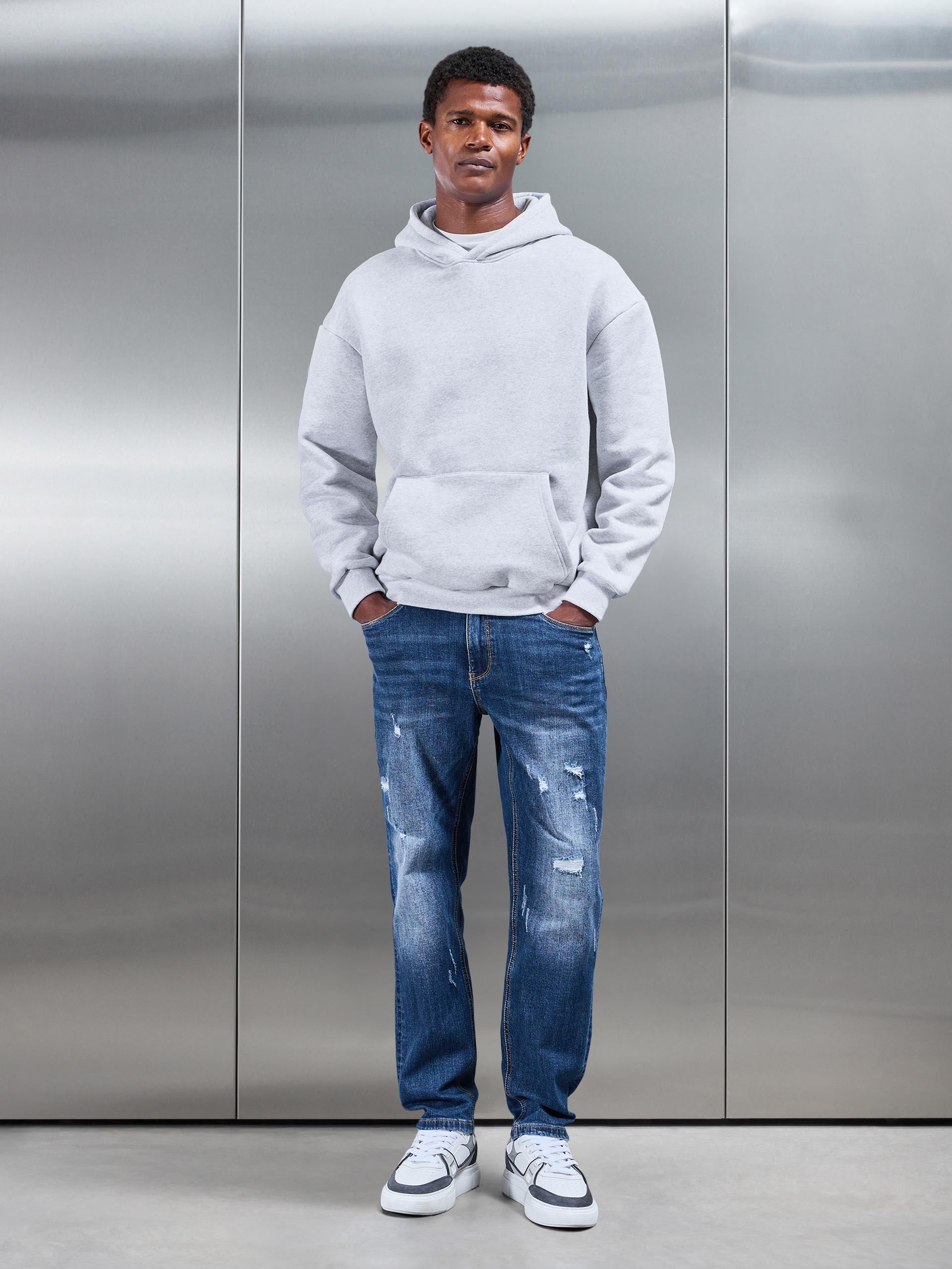 Distressed Straight Leg Denim Jeans in Mid Blue