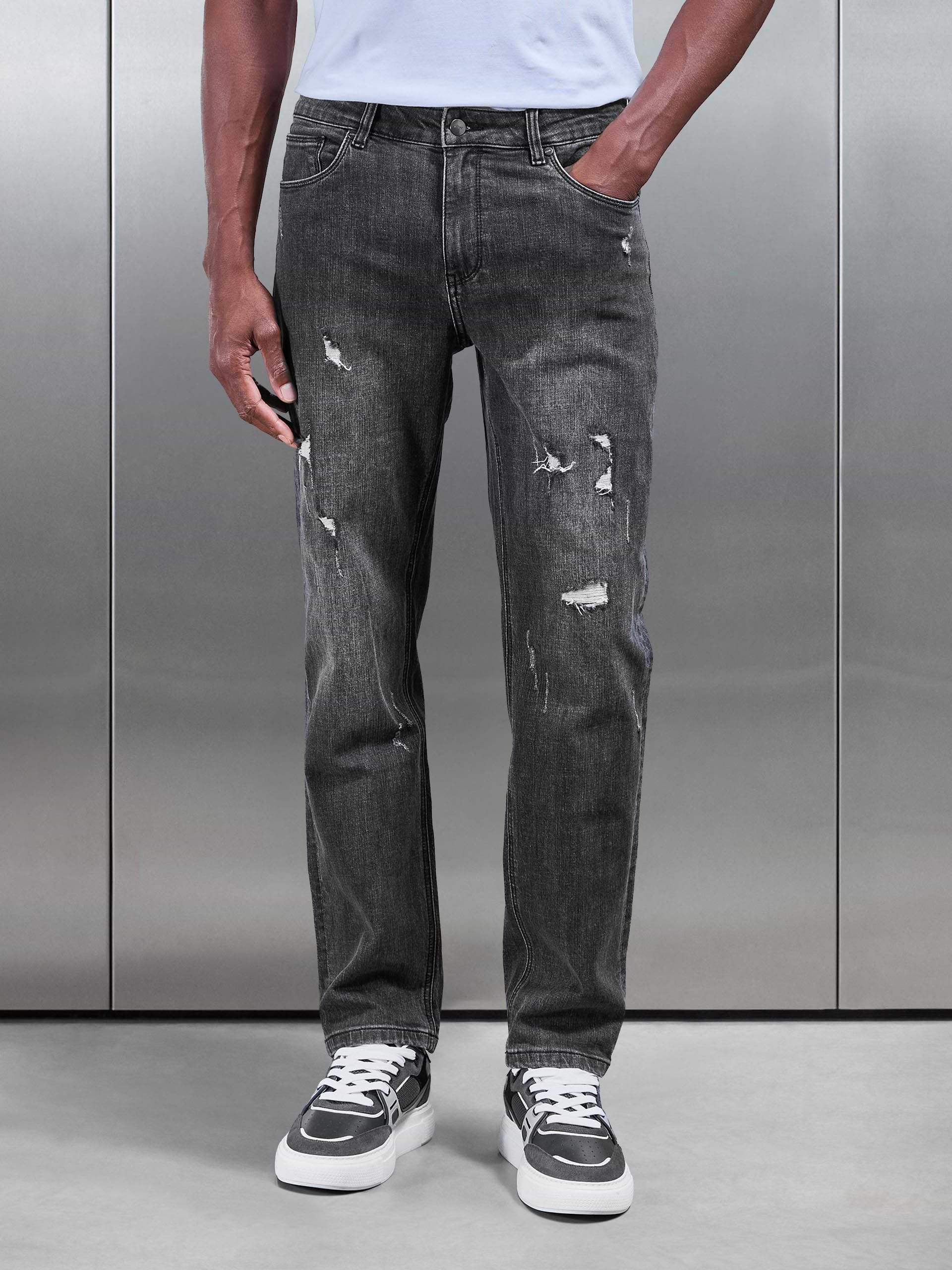 Mens Distressed Straight Leg Denim Jeans Grey Wash