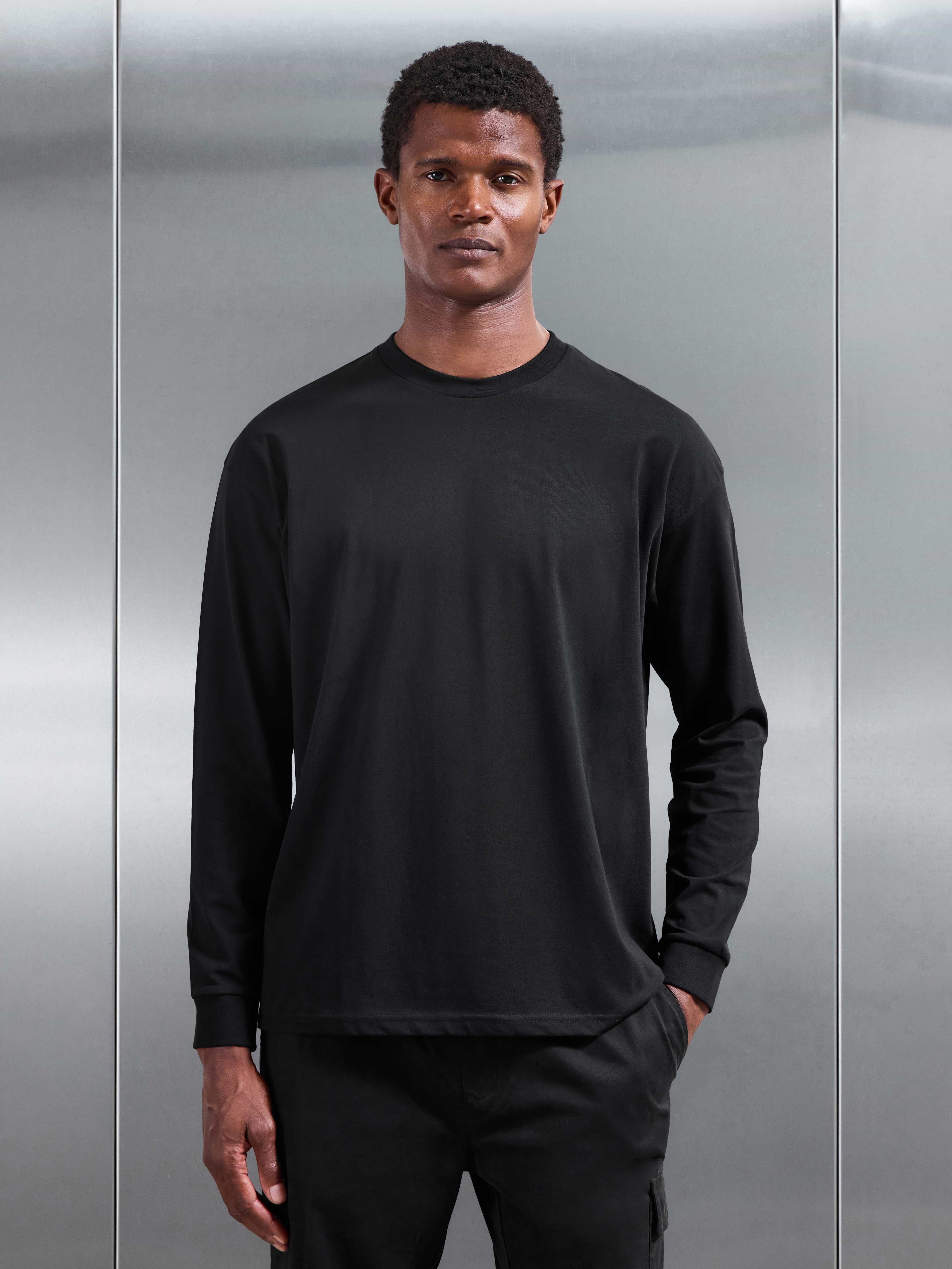 Essential Cotton Stretch Long Sleeve Relaxed T-Shirt in Black