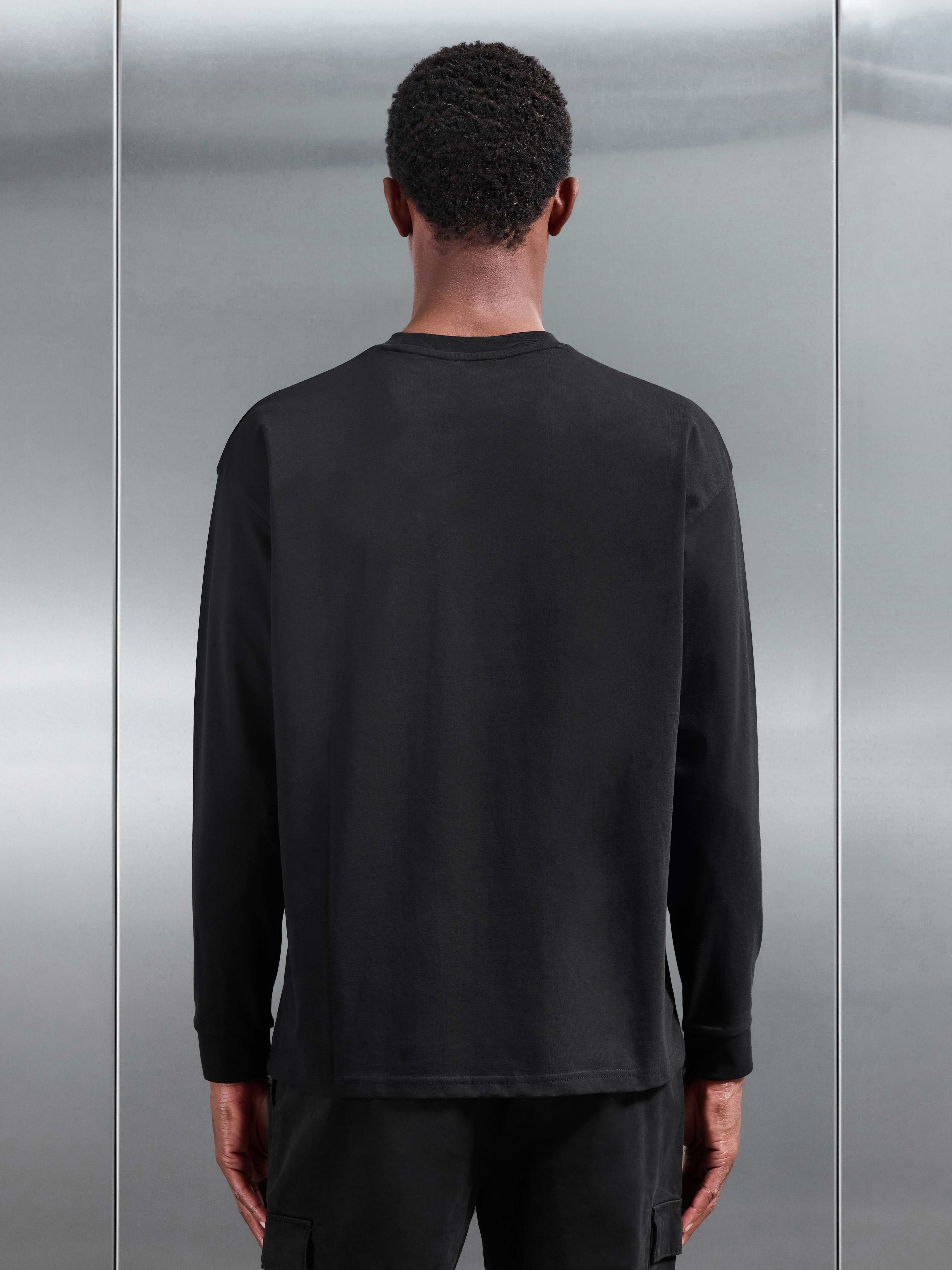 Essential Cotton Stretch Long Sleeve Relaxed T-Shirt in Black