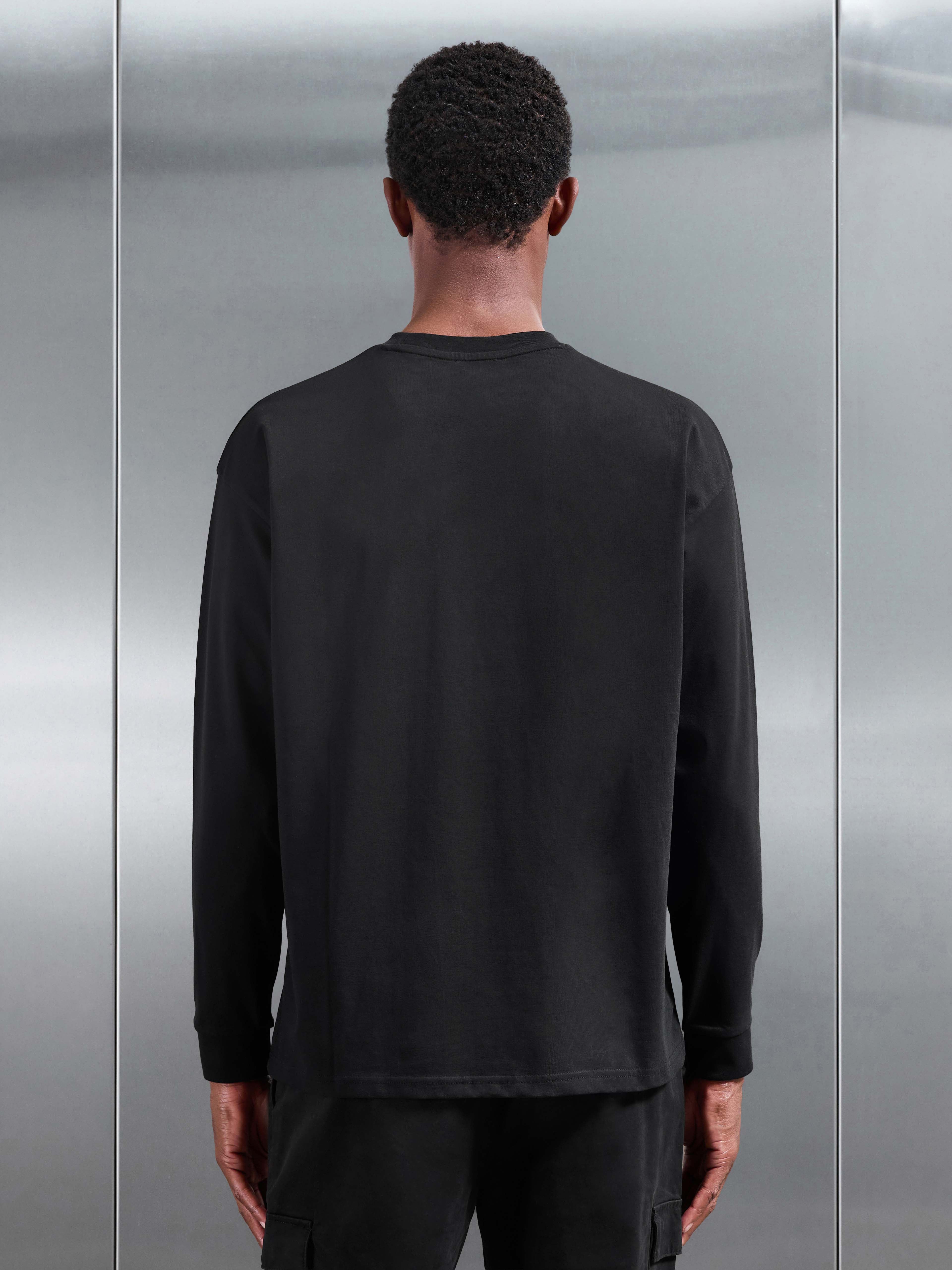 Essential Cotton Stretch Long Sleeve Relaxed T-Shirt in Black