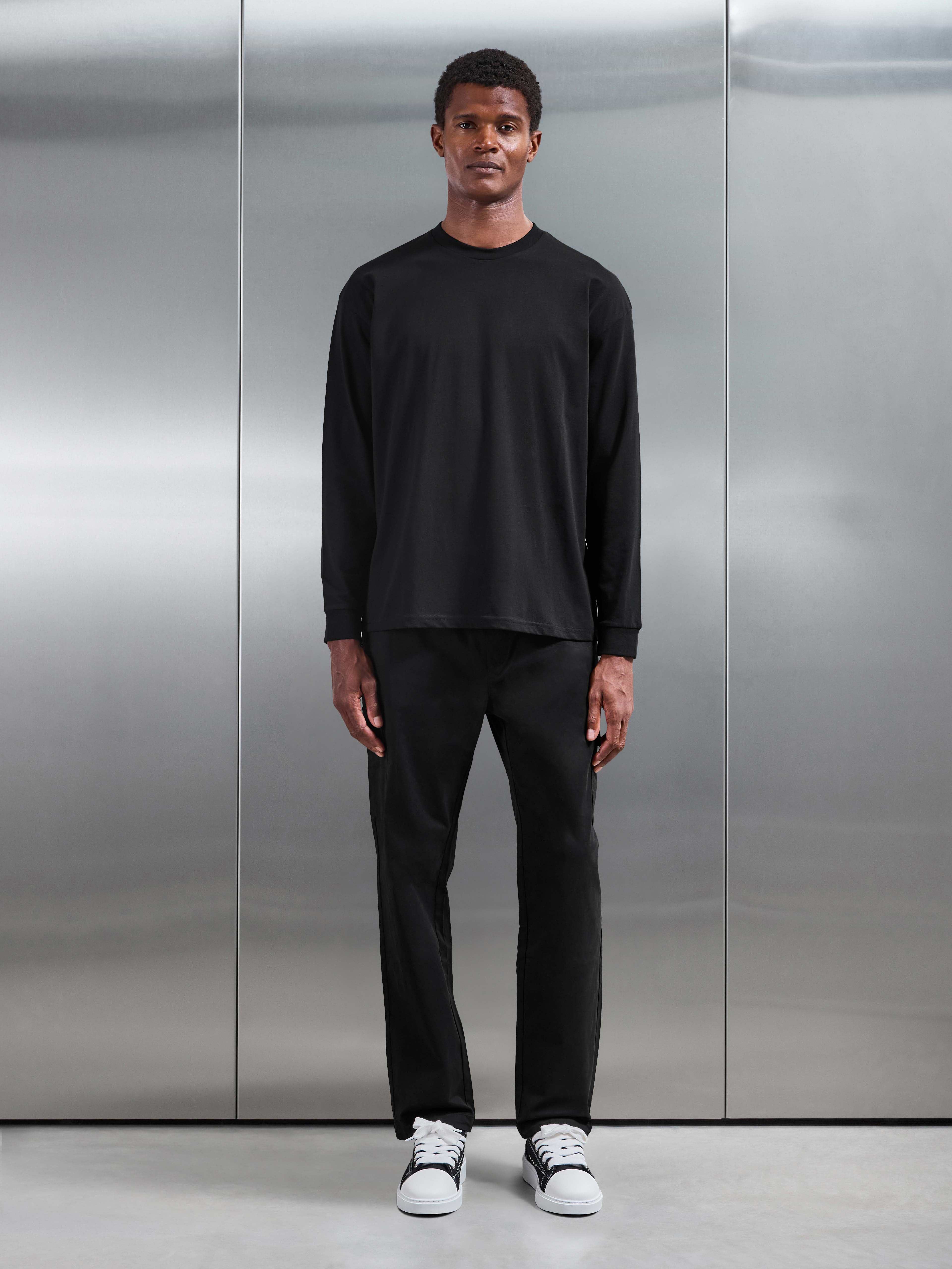Essential Cotton Stretch Long Sleeve Relaxed T-Shirt in Black